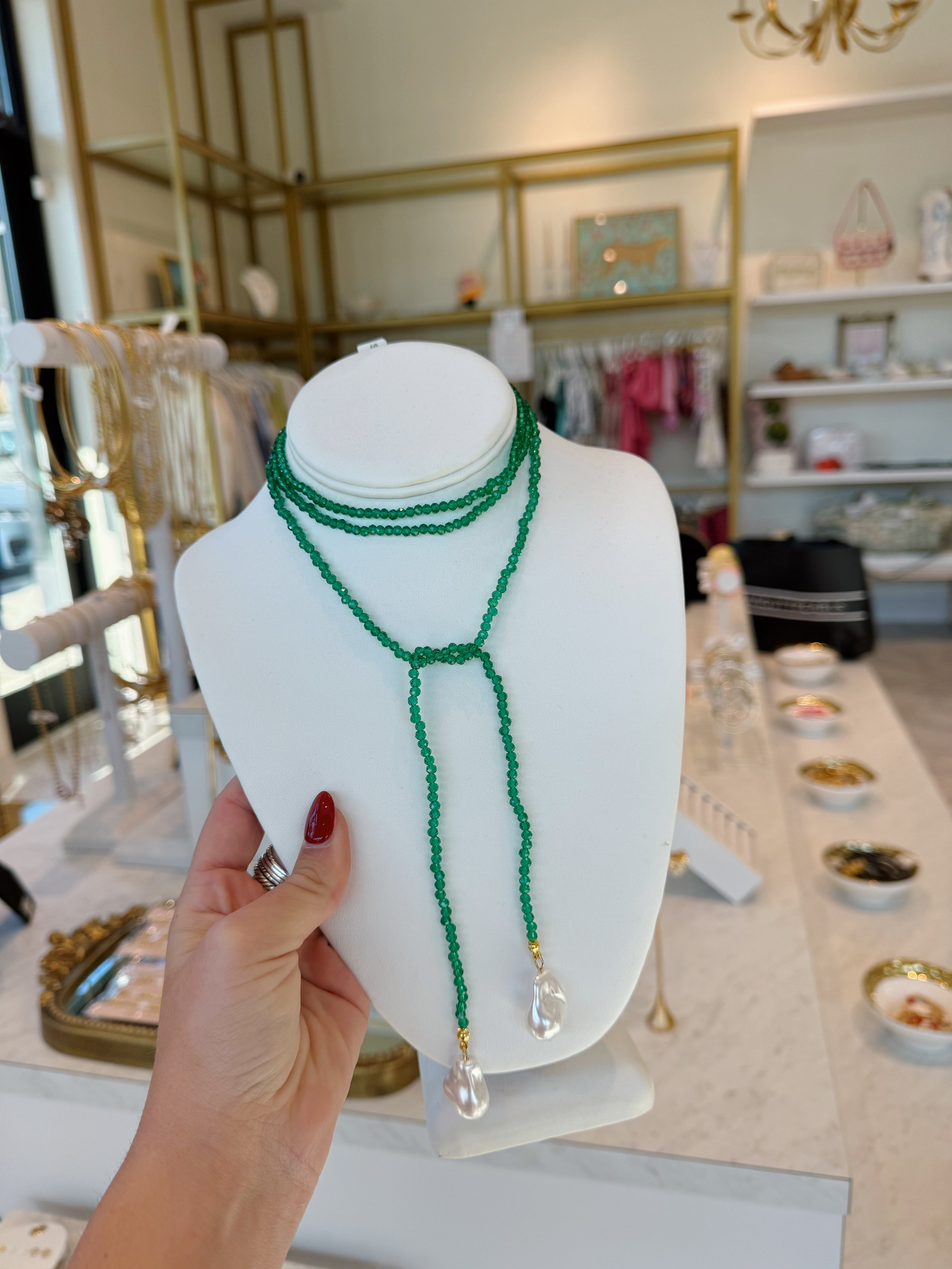 Beaded Wrap Necklace with Pearls - Green