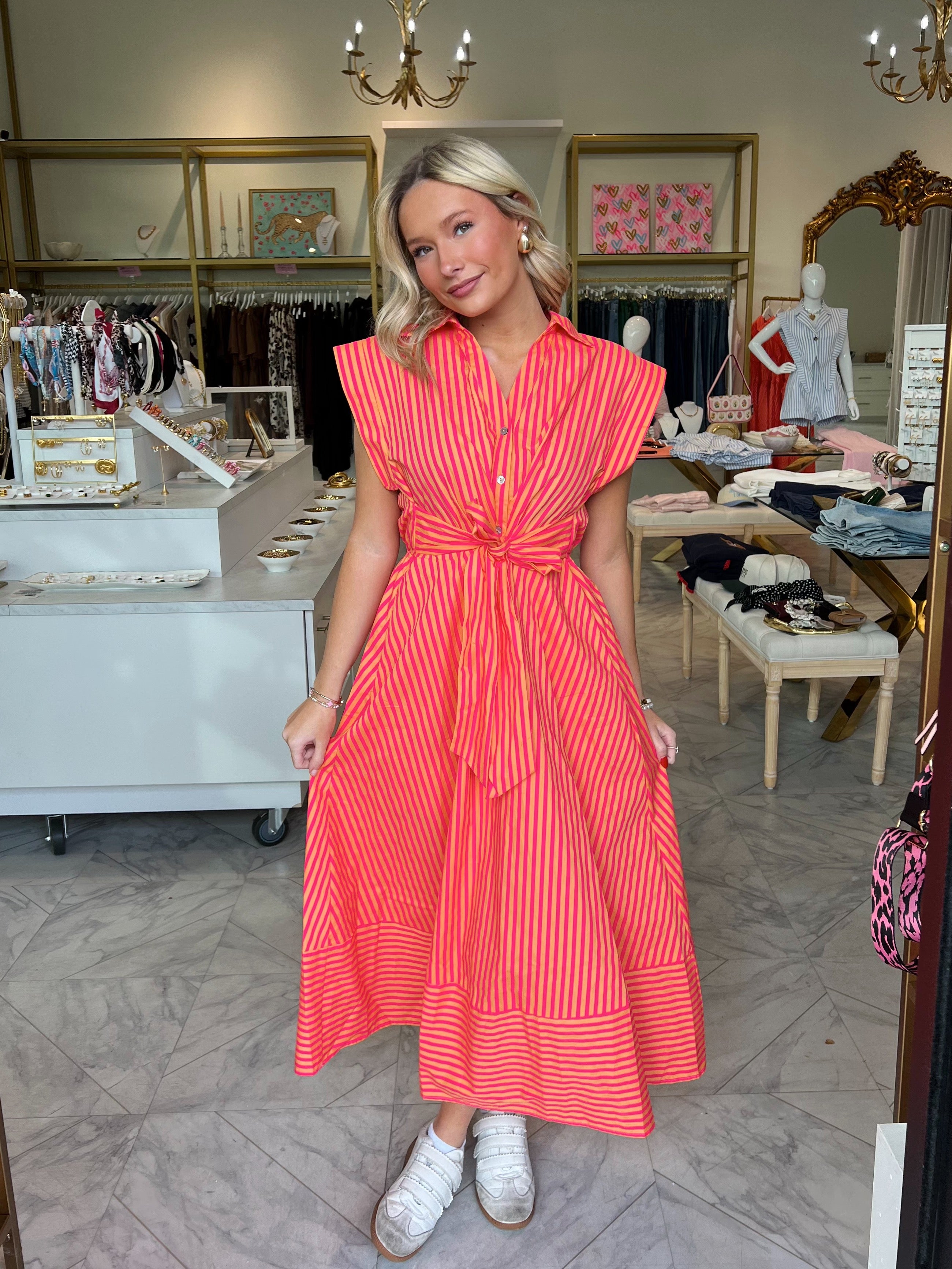 Sunrise Stroll Midi Dress - Pink & Orange