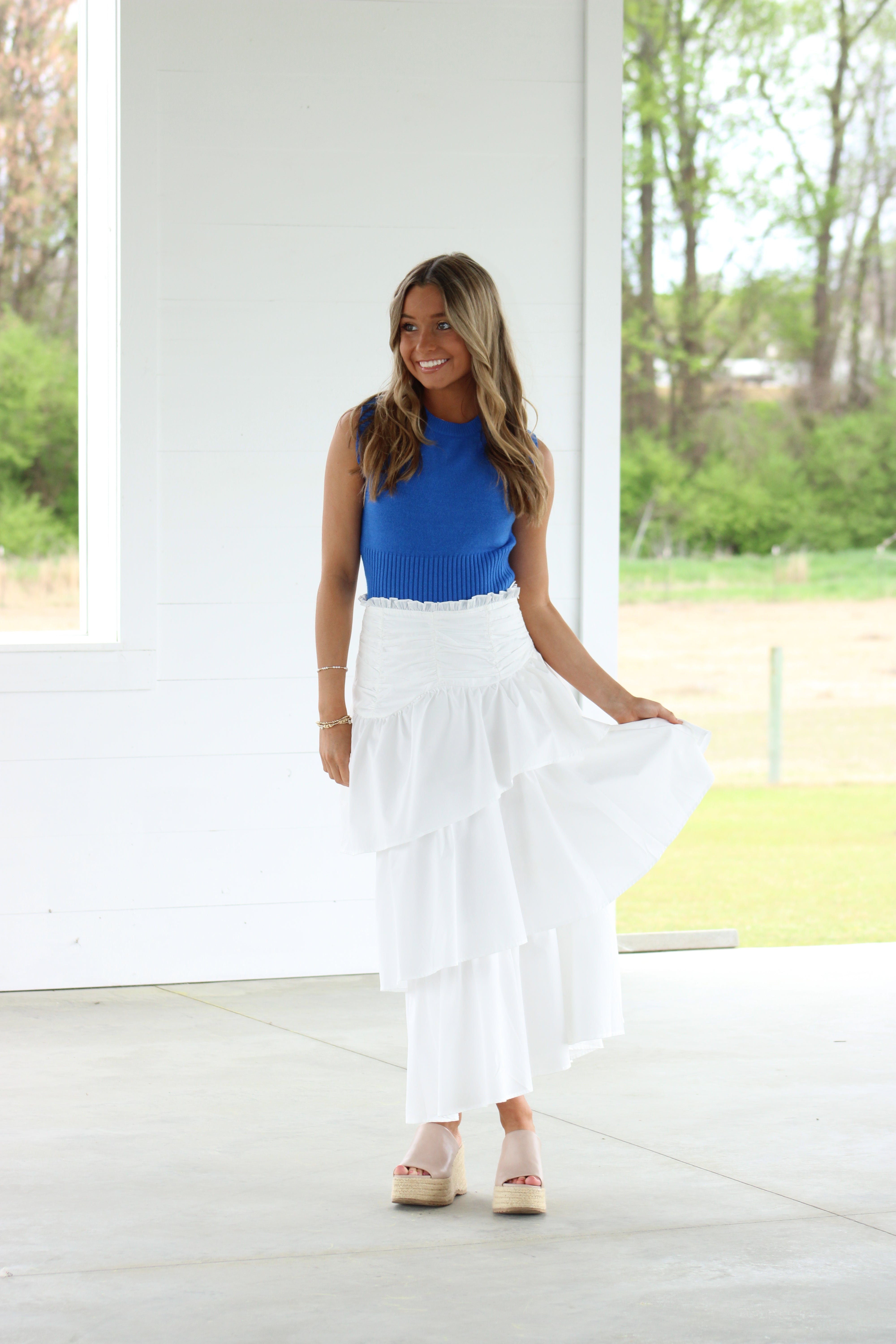 Nicola Ruffle Tiered Midi Skirt - White