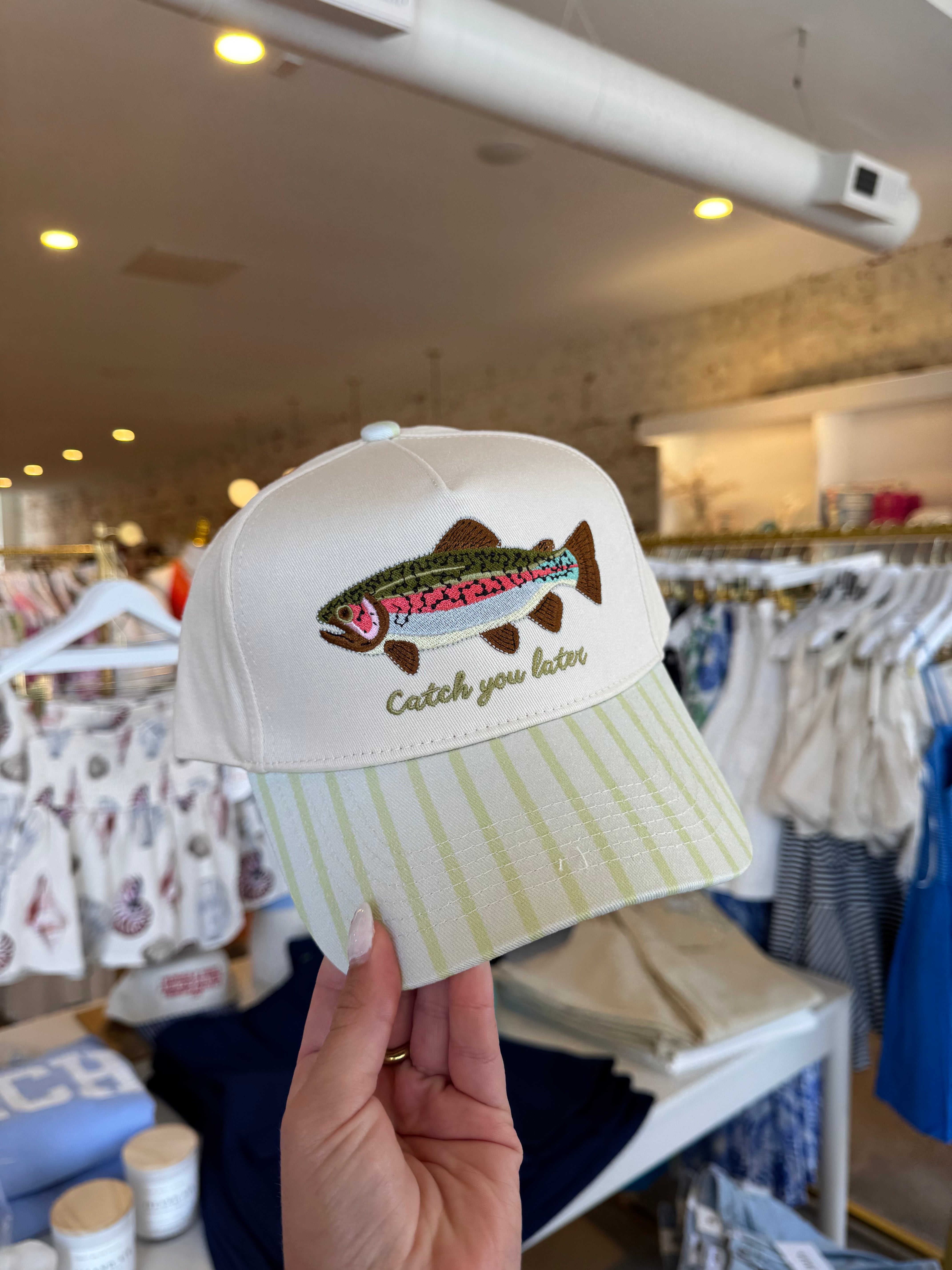 Catch You Later Embroidered Trucker Hat - Green Stripe