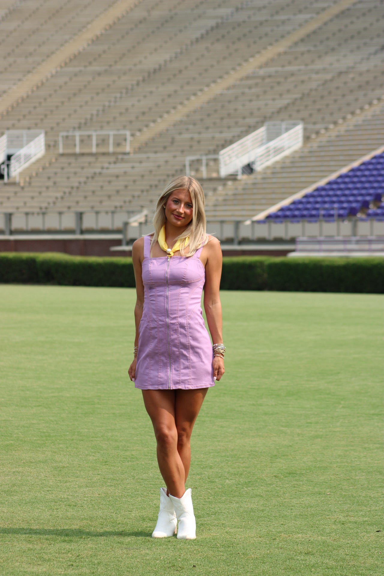 Hometown Honey Denim Stitch Mini Dress - Lavender