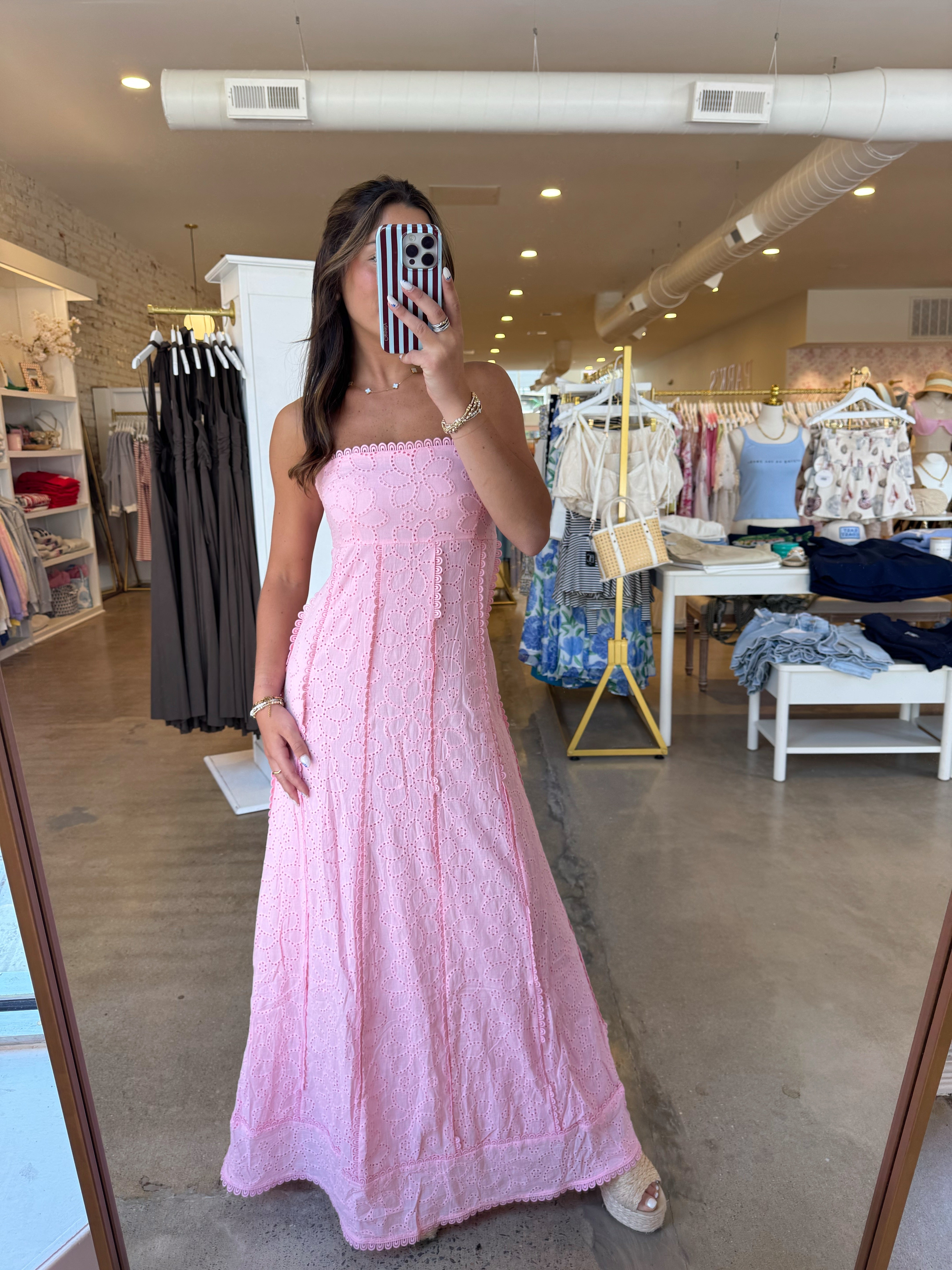 Melanie Eyelet Scalloped Trim Maxi Dress - Pink
