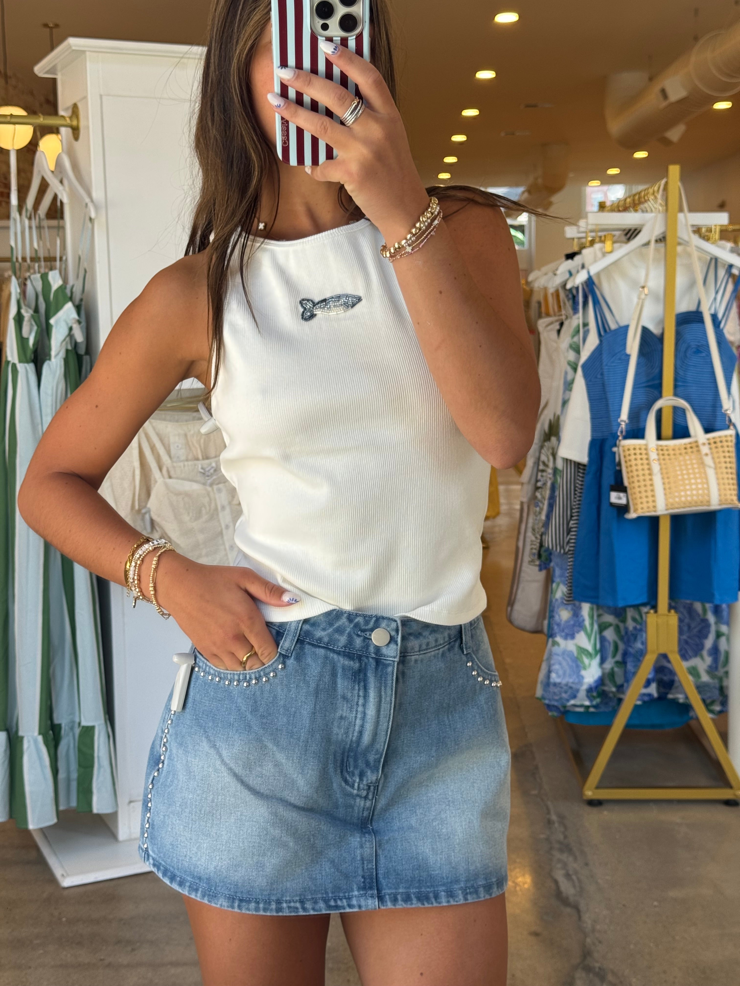 Beaded Fish Ribbed Tank - White