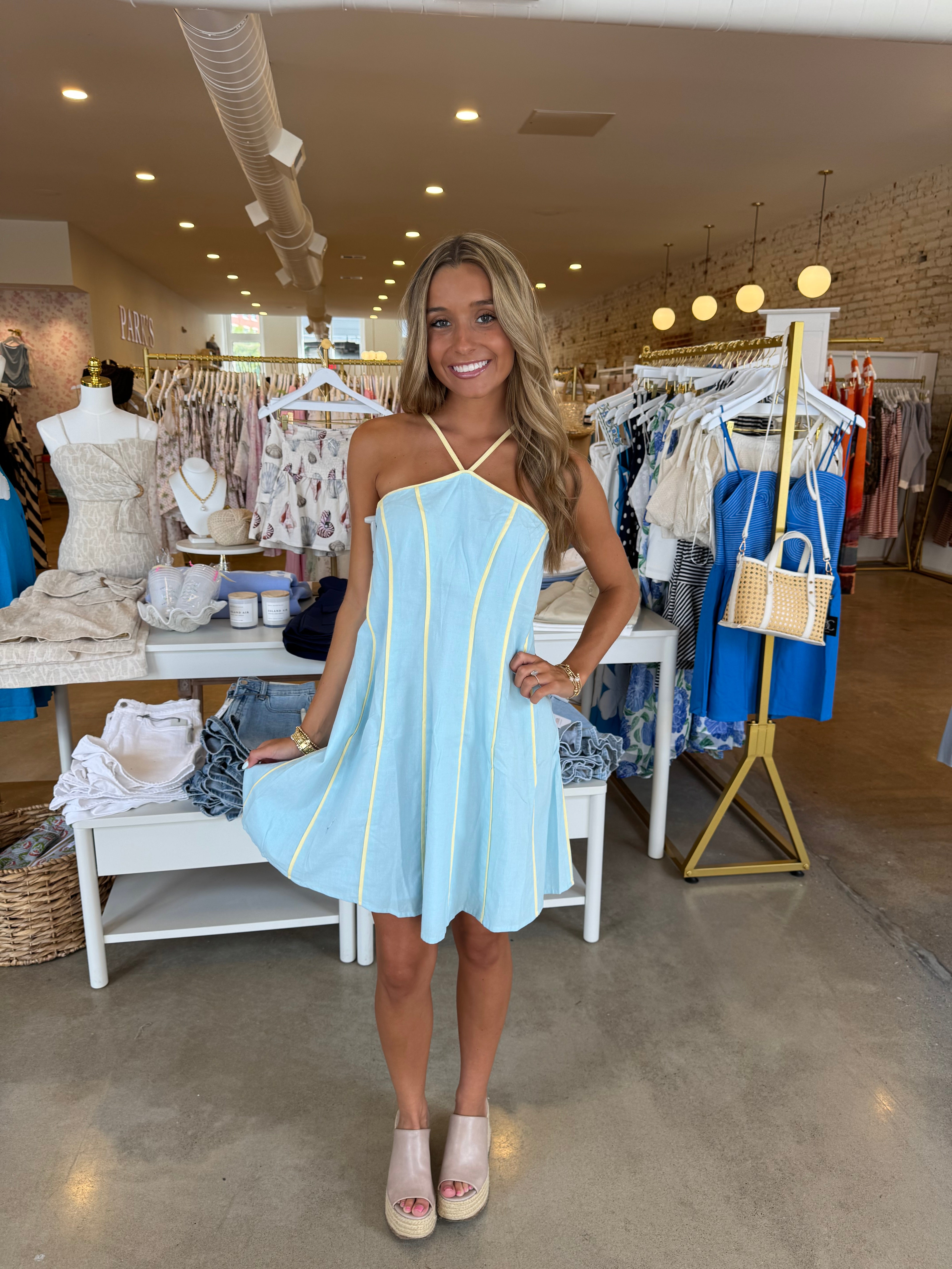 Ellie Mini Dress - Baby Blue & Yellow