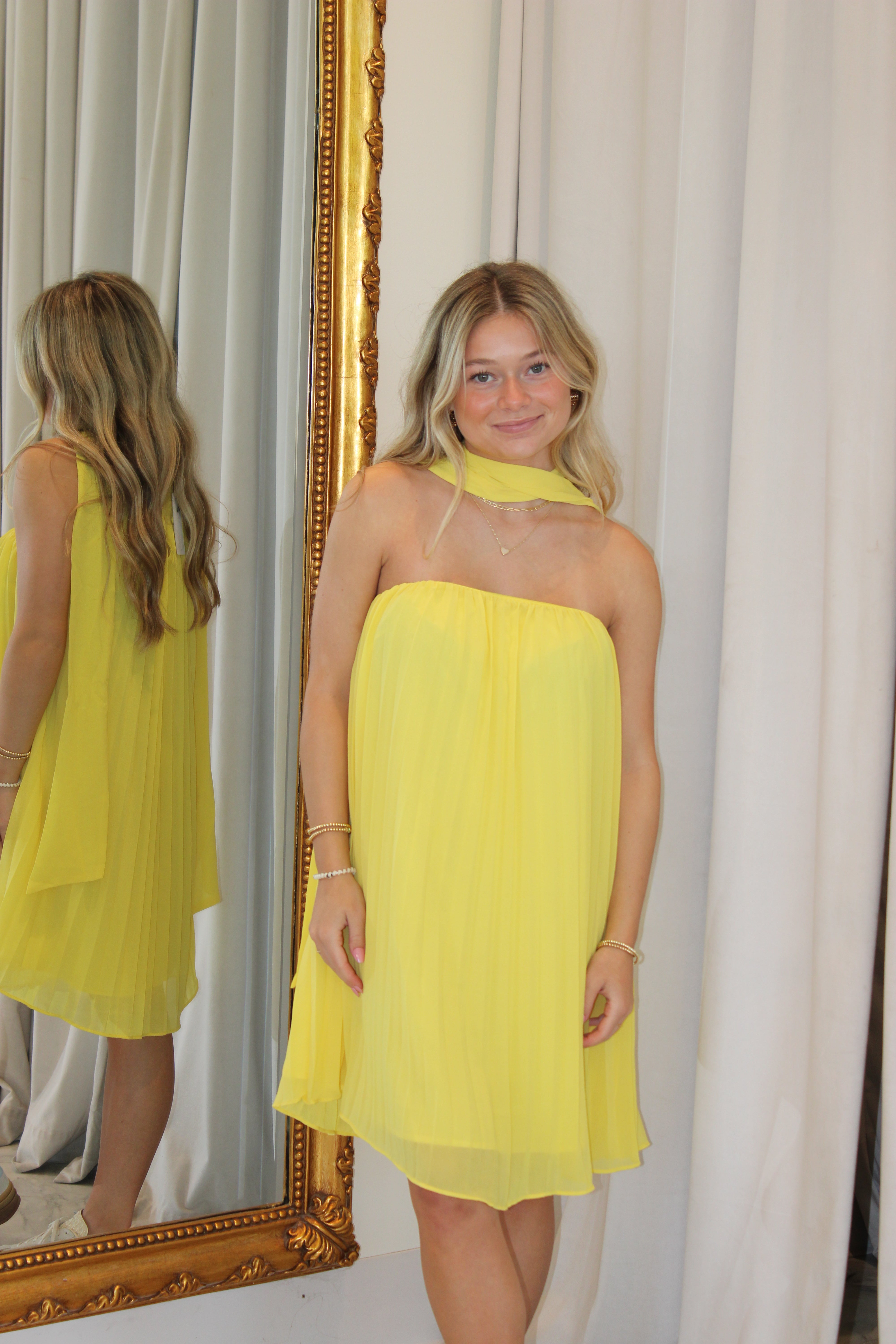 Pretty Little Thought Halter Neck Pleated Mini Dress - Yellow