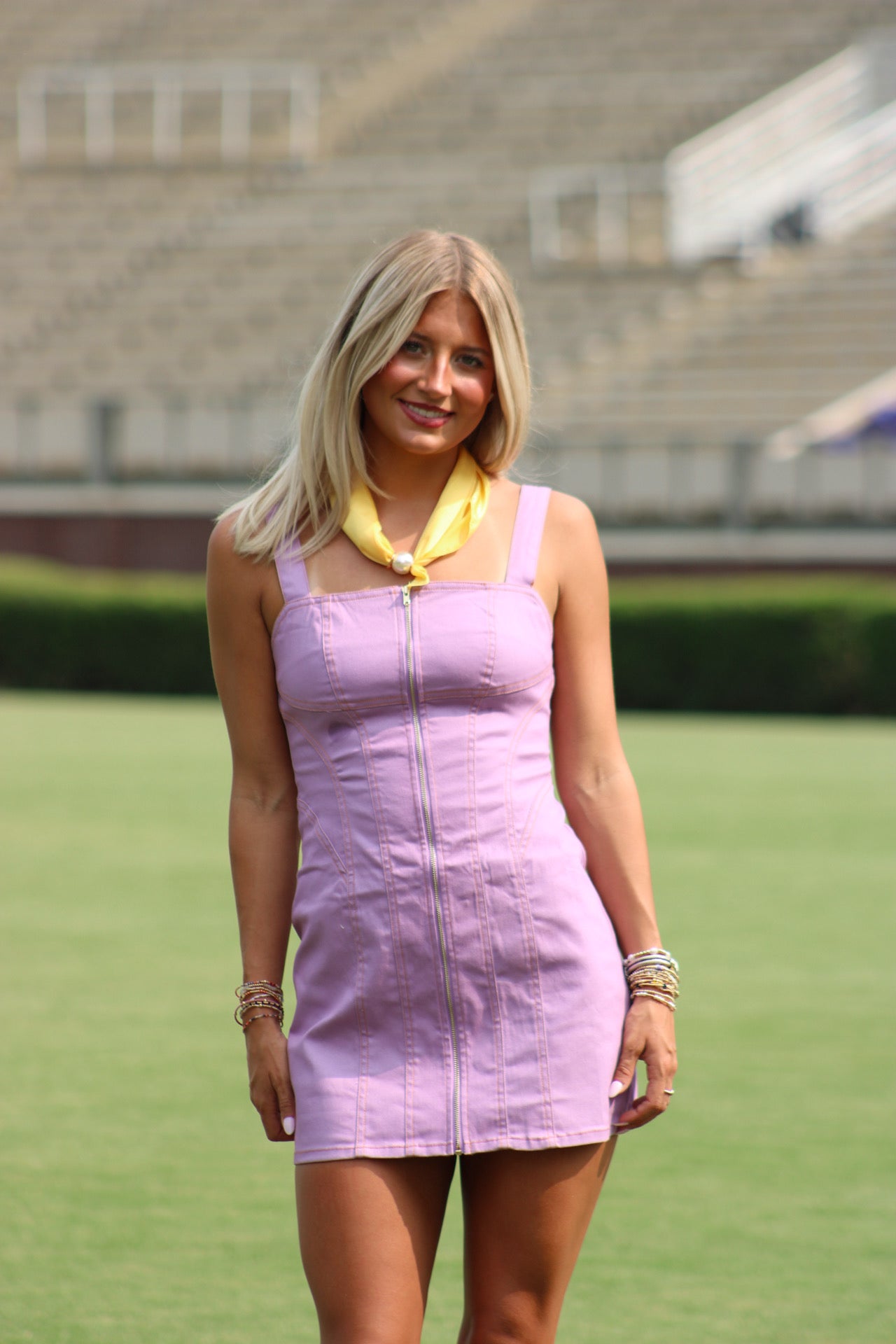 Hometown Honey Denim Stitch Mini Dress - Lavender