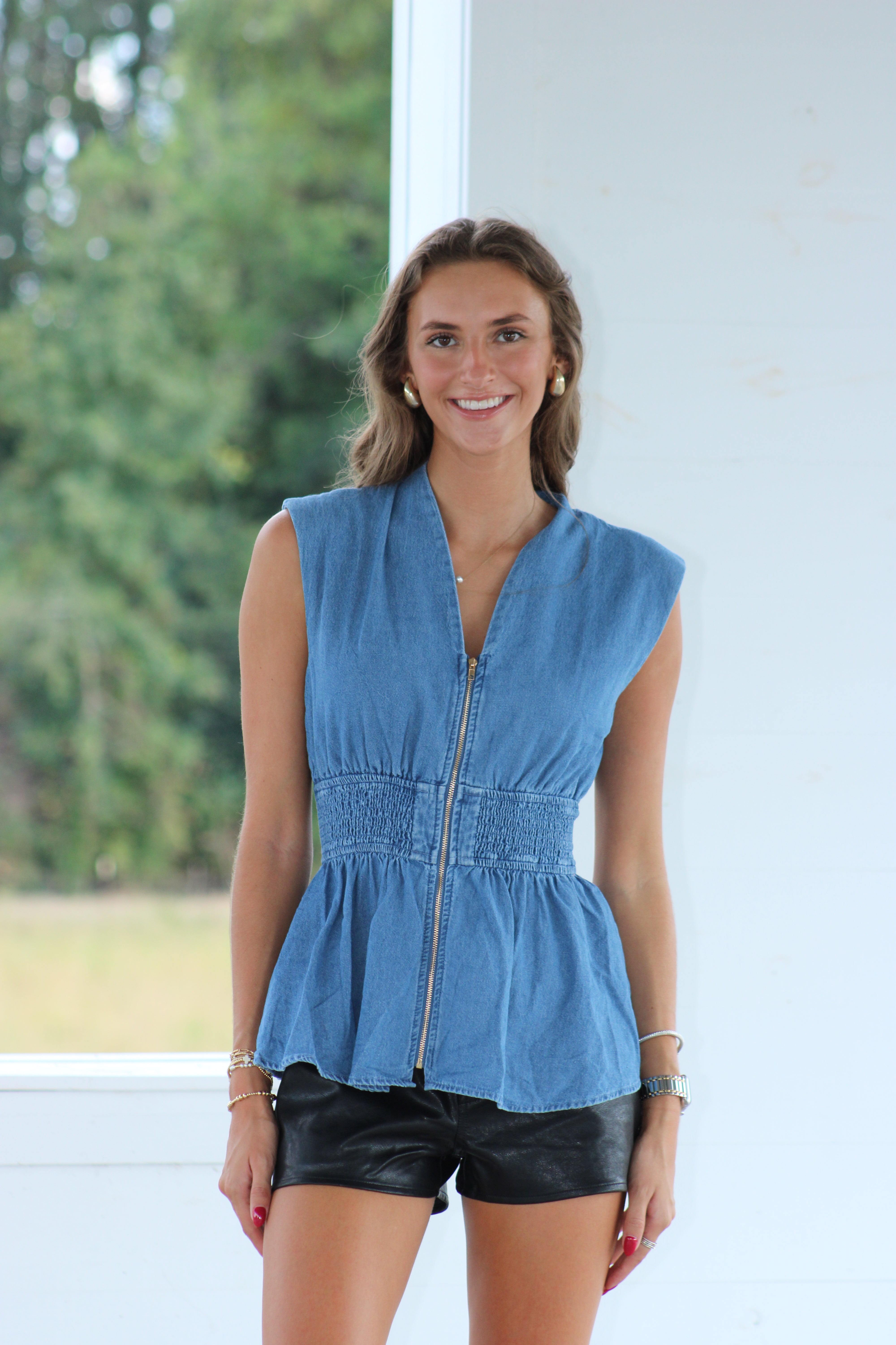 Maddison Zip Up Denim Top - Medium Wash