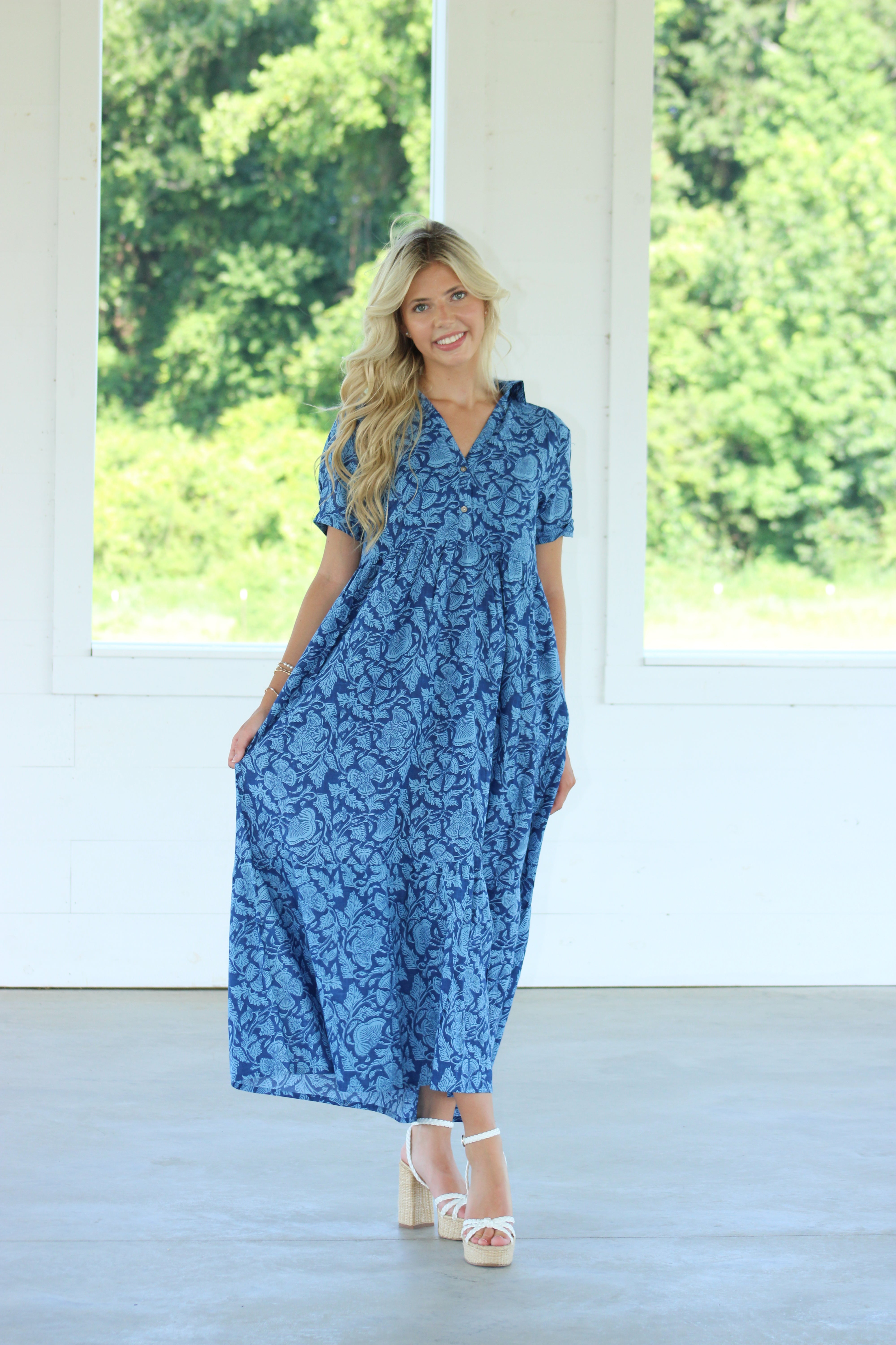 Summer Blues Midi Dress - Navy & Light Blue