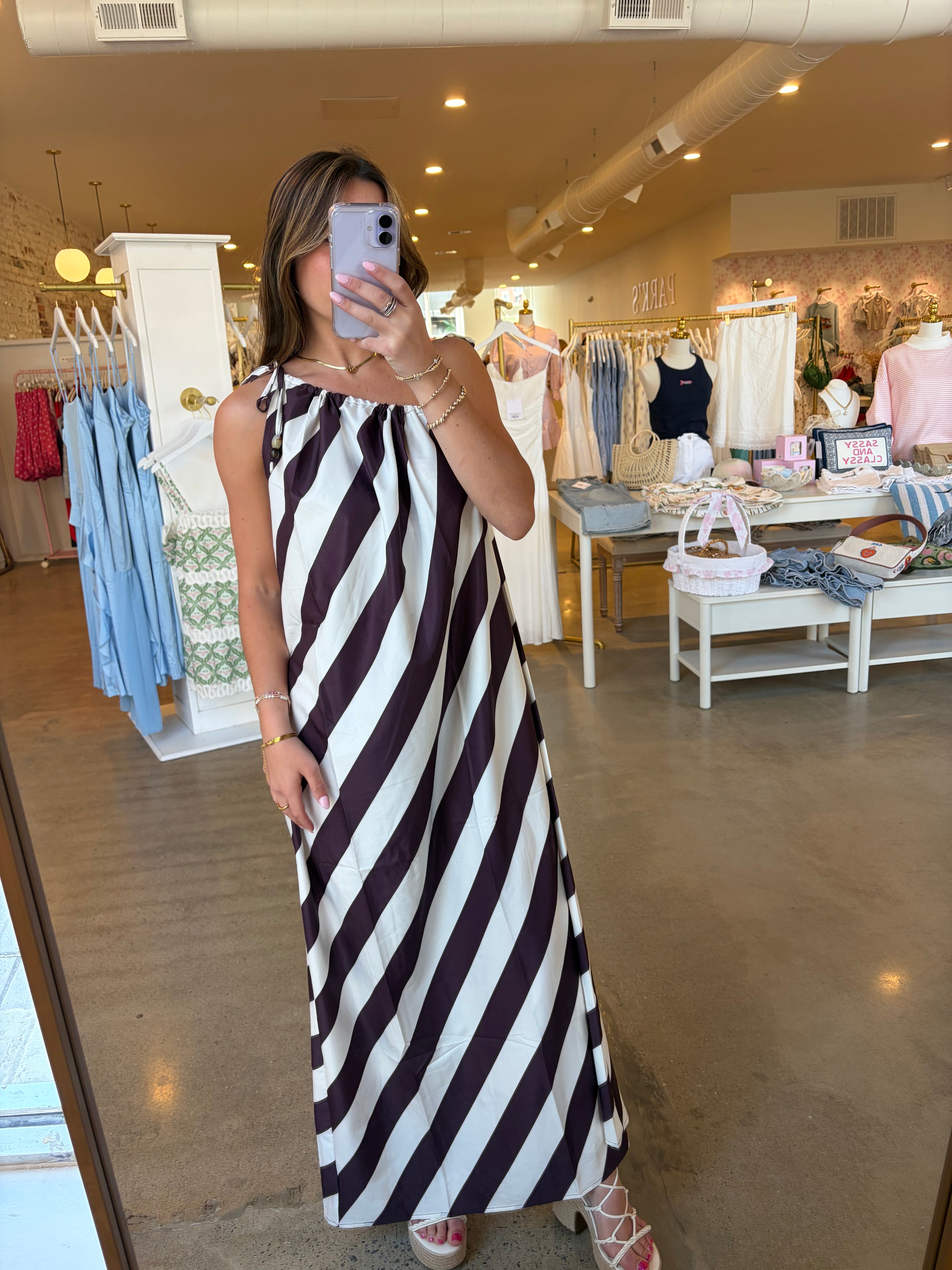 Atlantis One Shoulder Maxi Dress - Brown Stripe