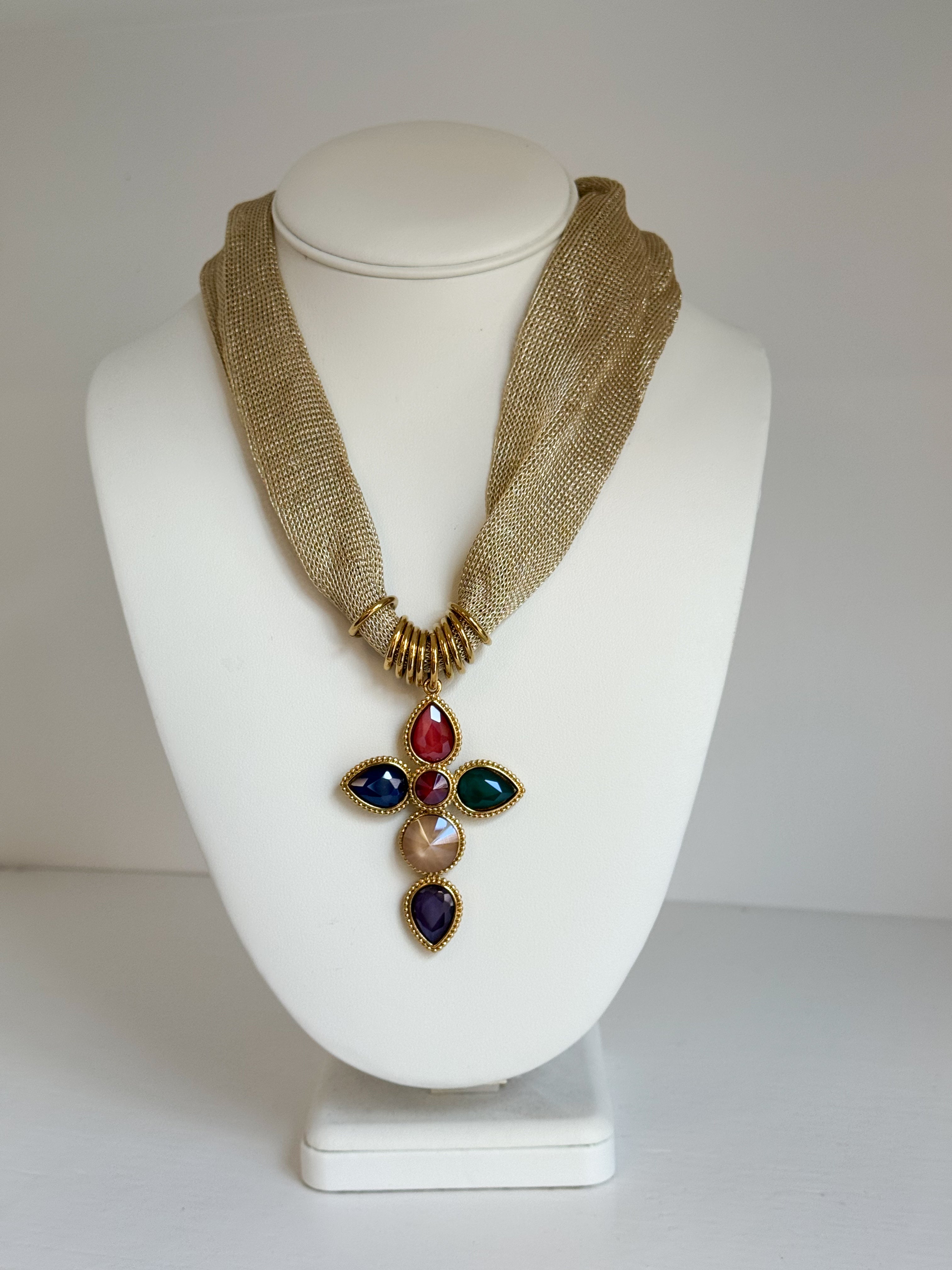 Jeweled Cross Statement Mesh Necklace - Gold Multi