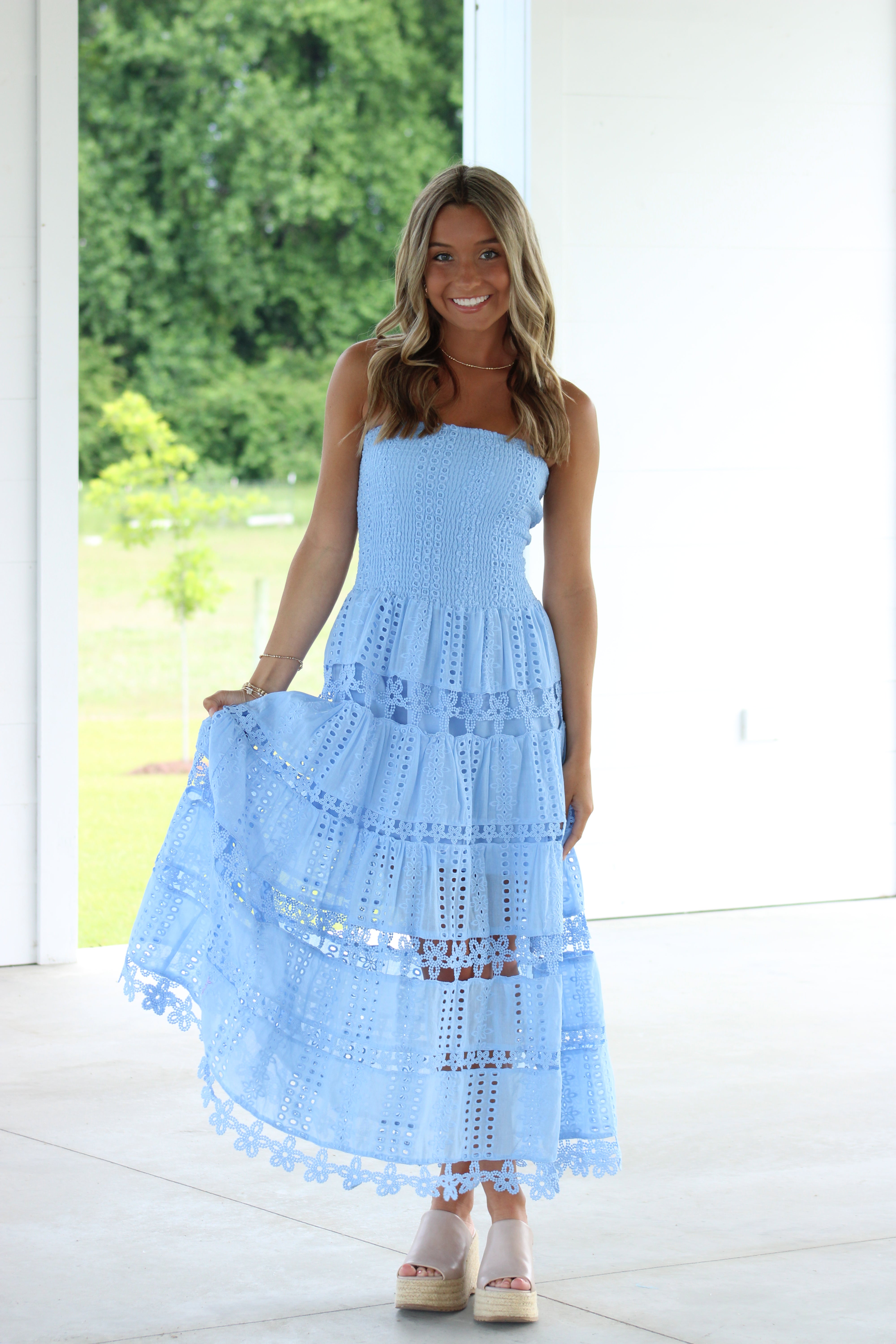 Amy Eyelet Midi Dress - Light Blue