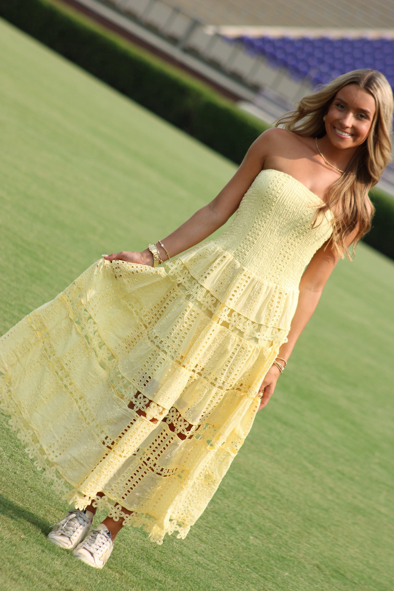 Amy Eyelet Midi Dress - Yellow