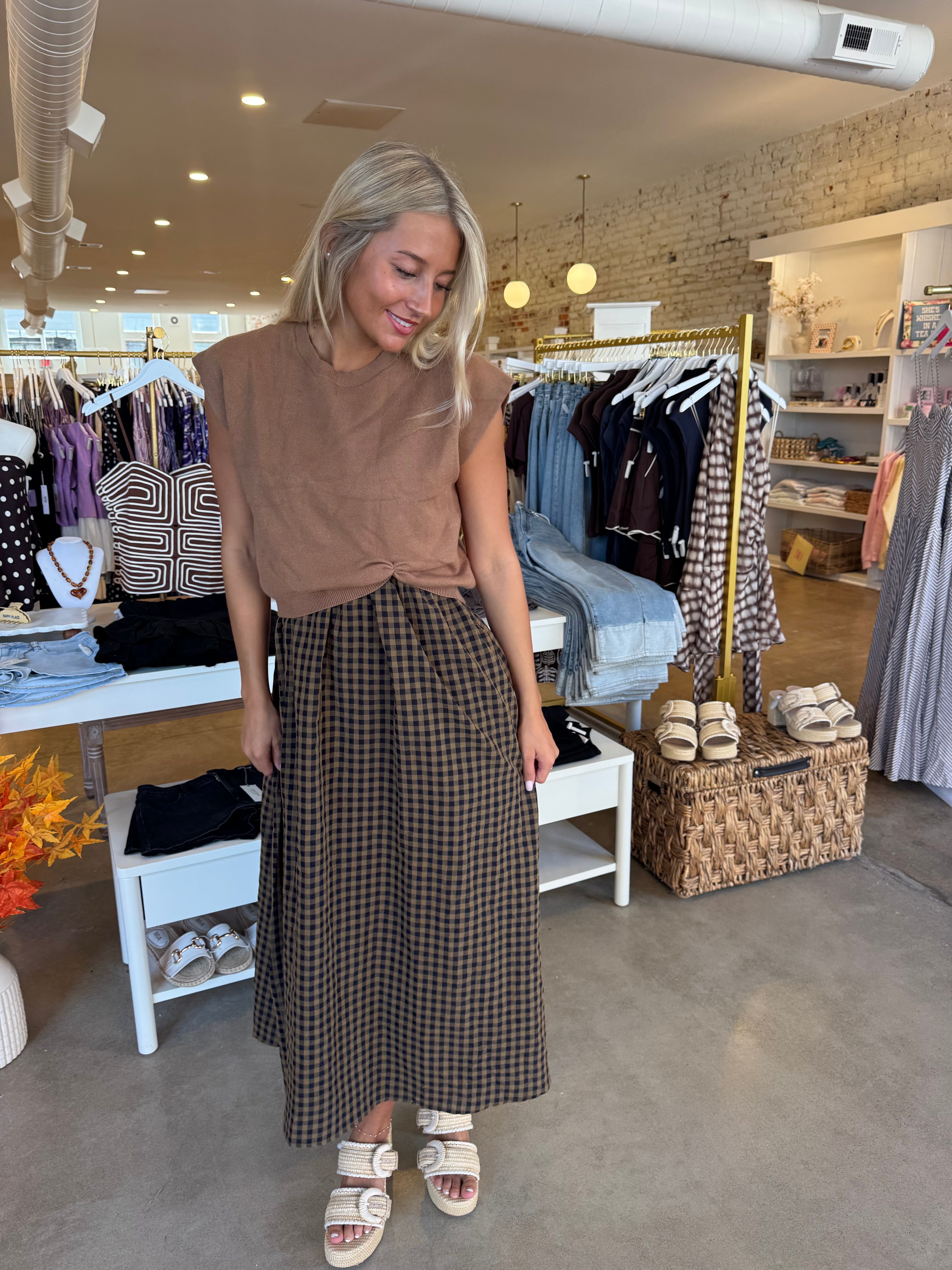 Leaves Are Turning Midi Dress - Tan Gingham