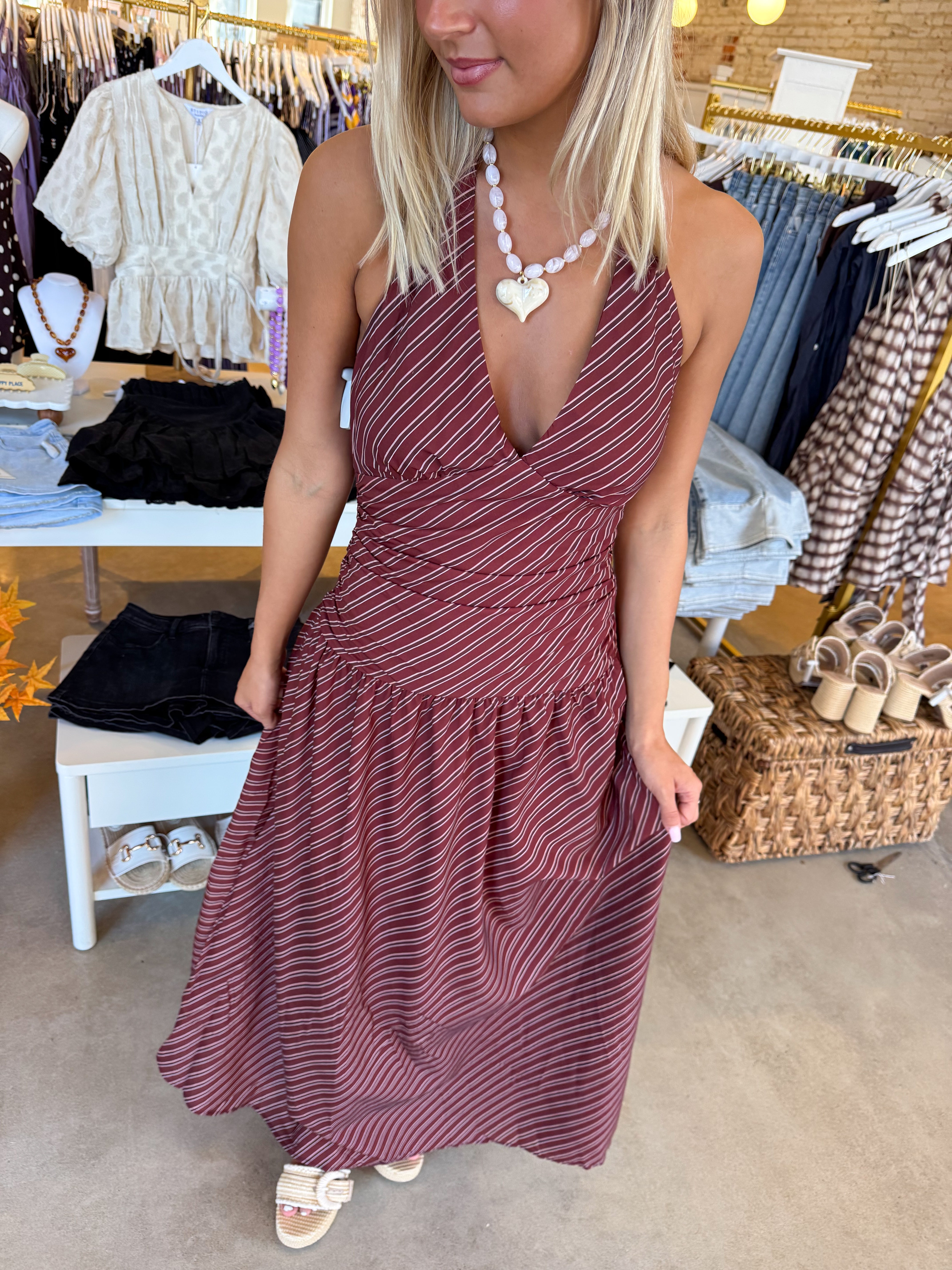 Simone Halter Maxi Dress - Burgundy Stripe