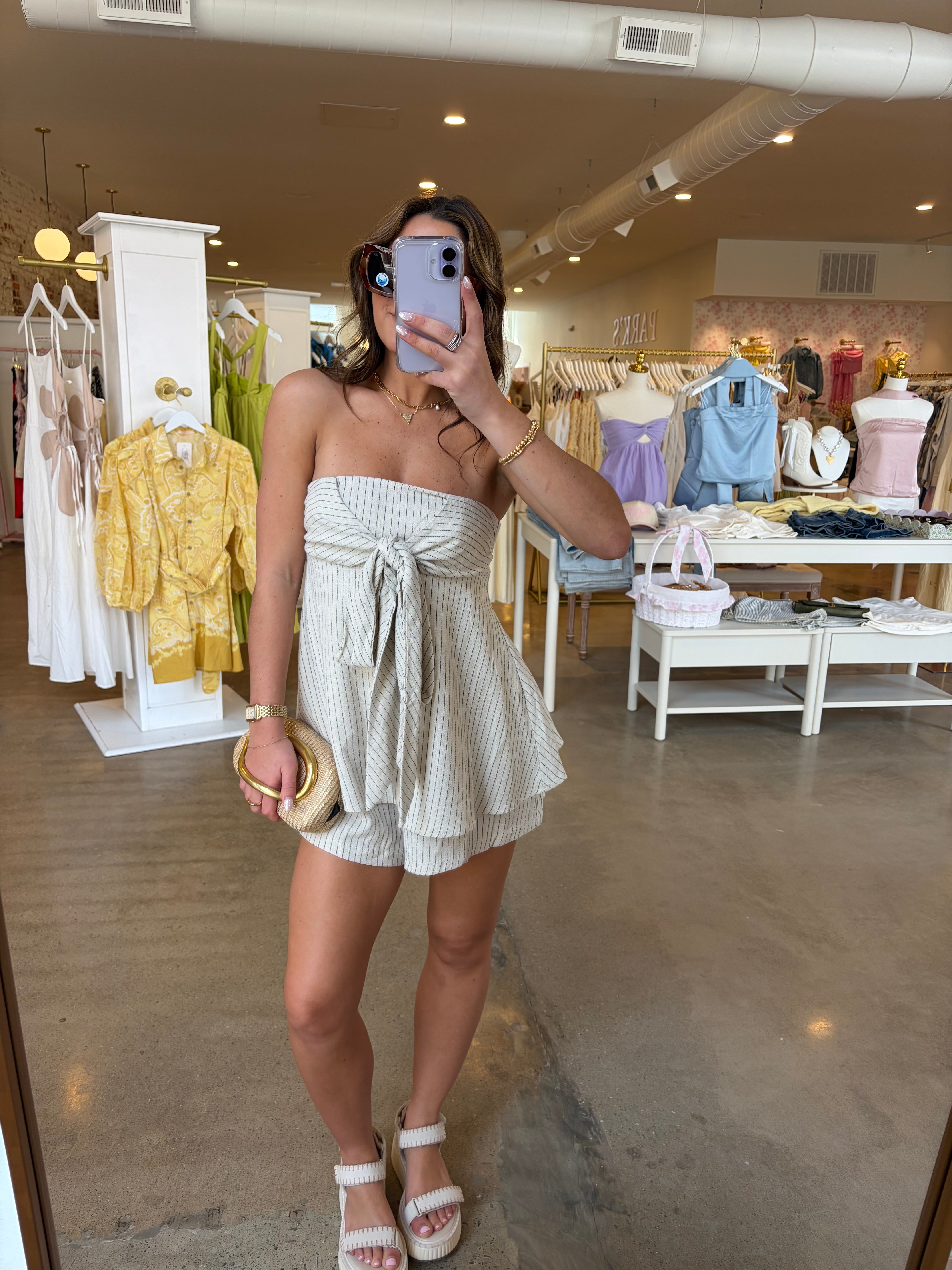 Carol Front Tie Mini Romper - Natural Stripe