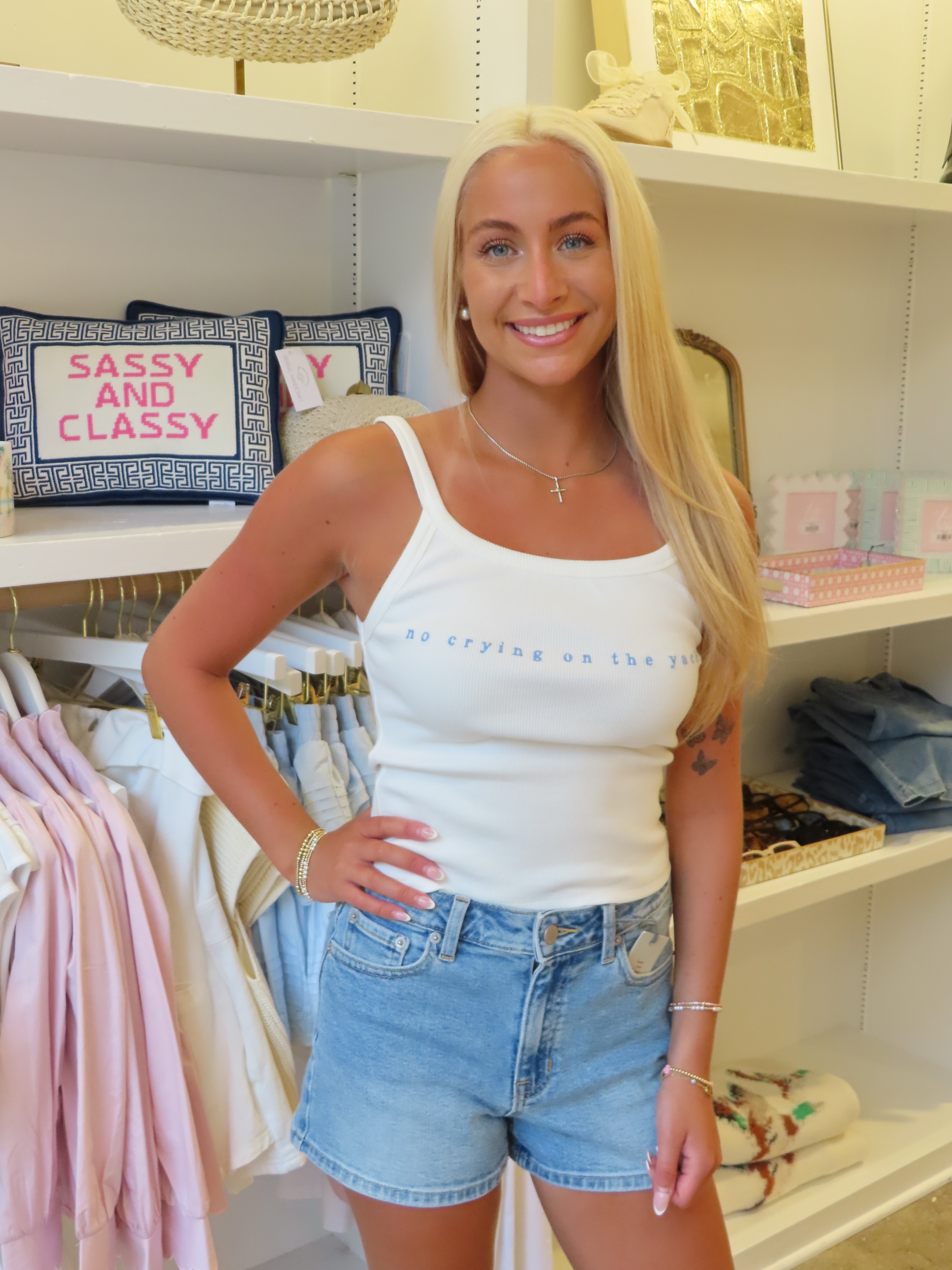 No Crying On The Yacht Ribbed Tank - White