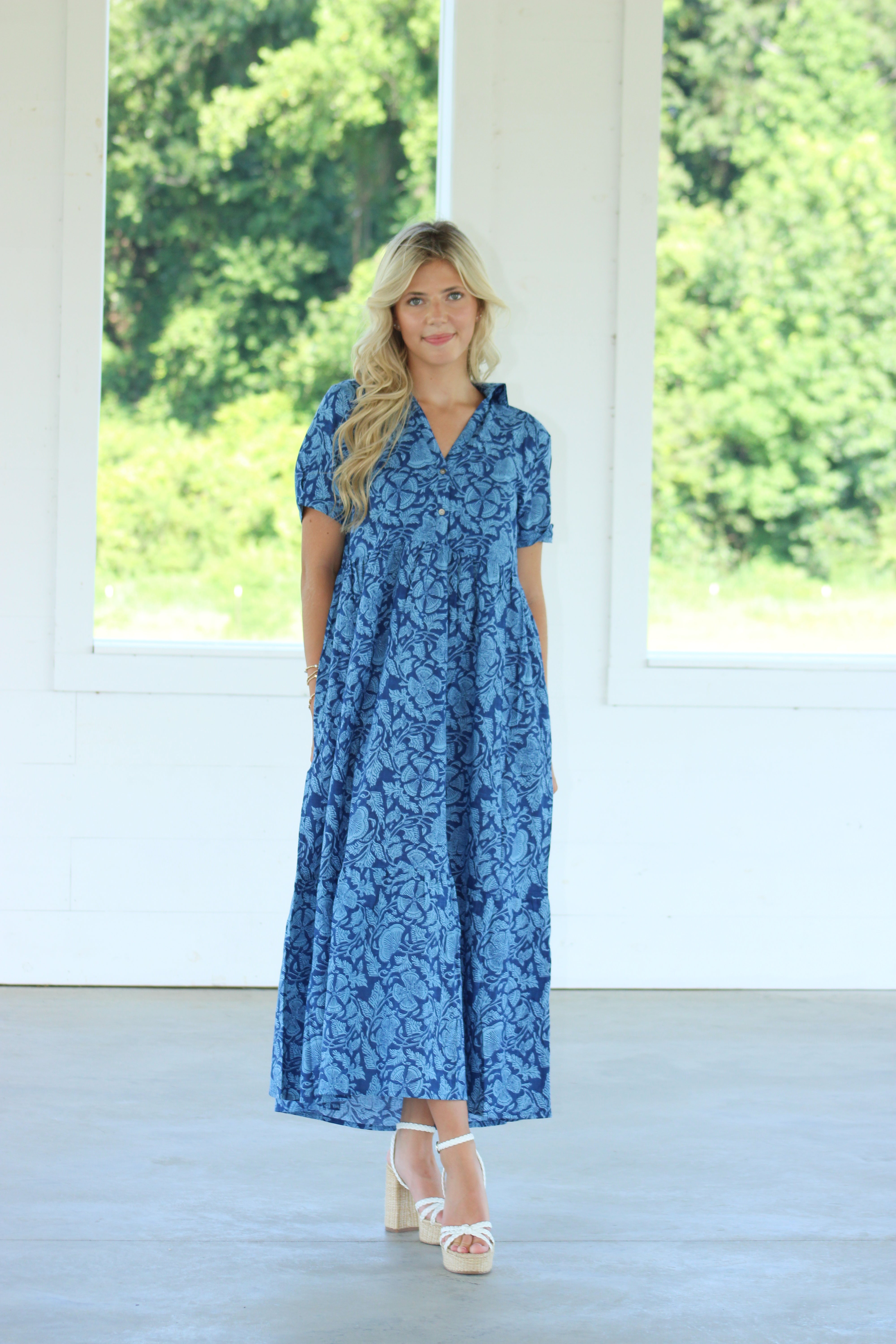 Summer Blues Midi Dress - Navy & Light Blue