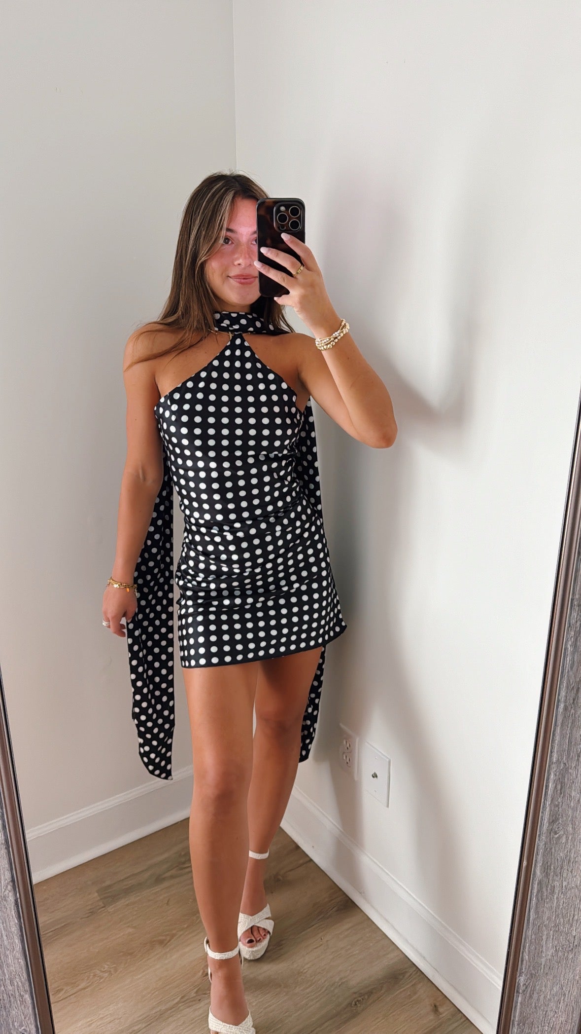 Crush Hour Satin Mini Dress with Scarf - Black Polka Dot