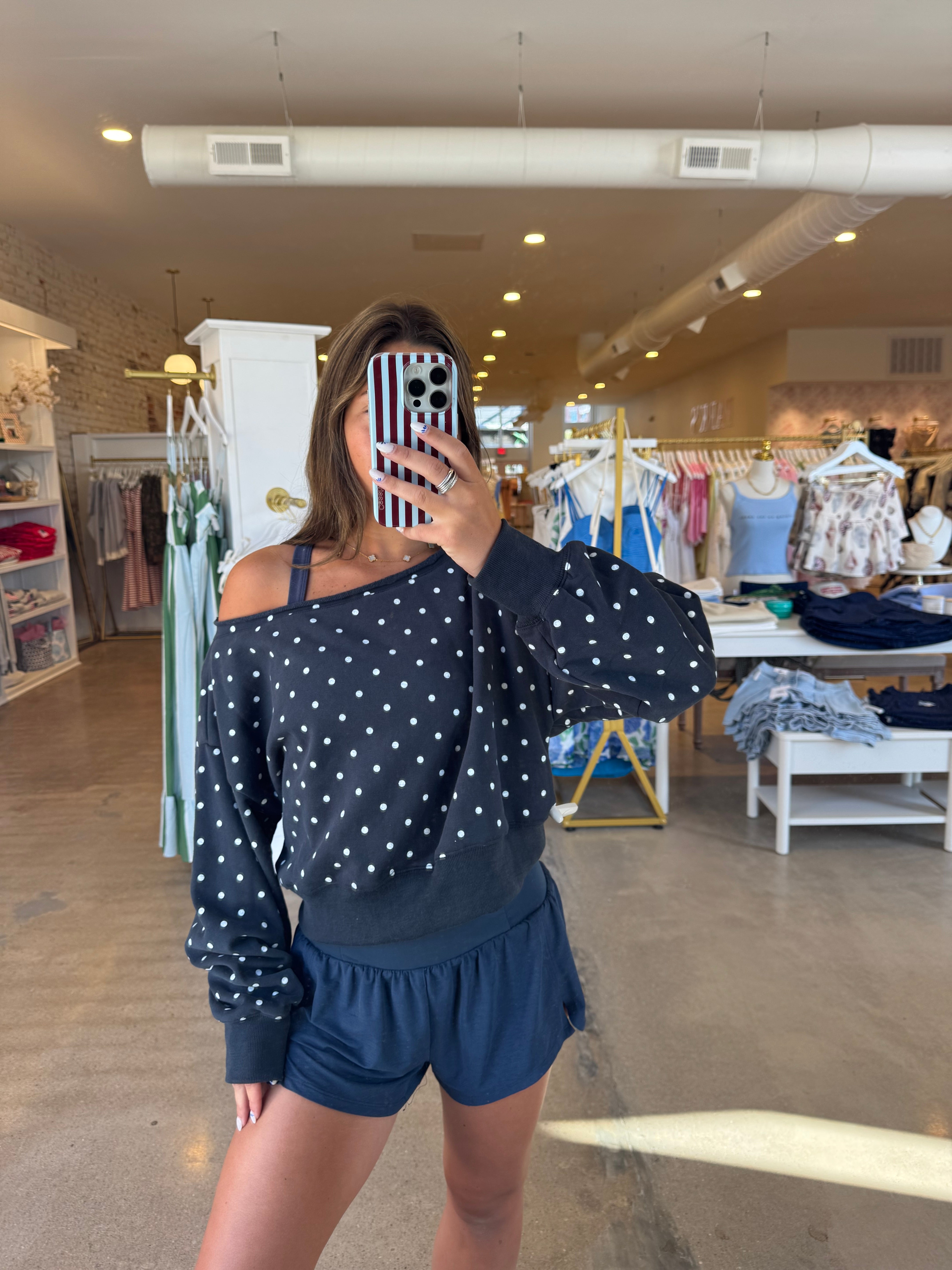 Reese Off Shoulder Sweatshirt - Navy Polka Dot