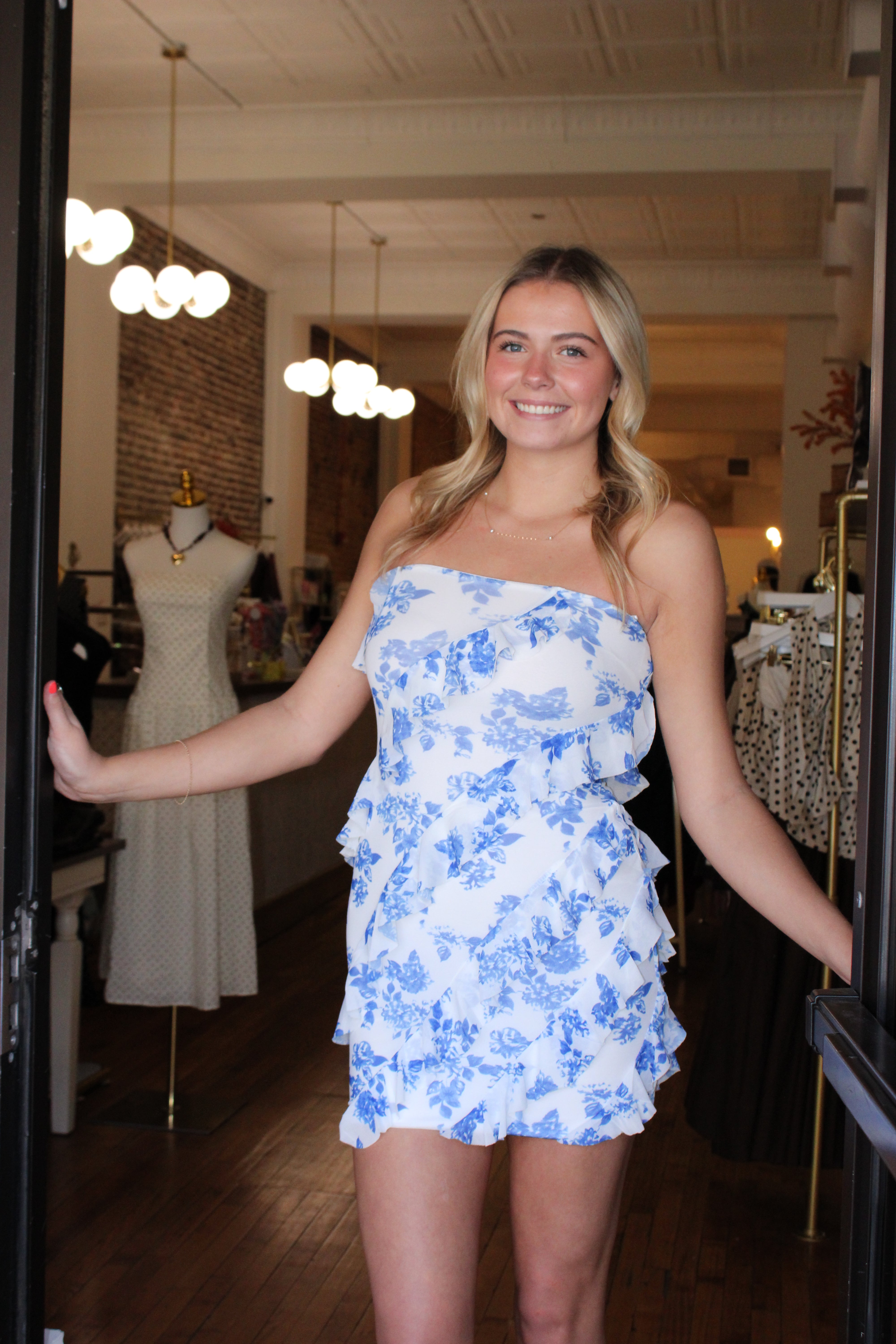 Lush Life Ruffle Mini Dress - Blue & White