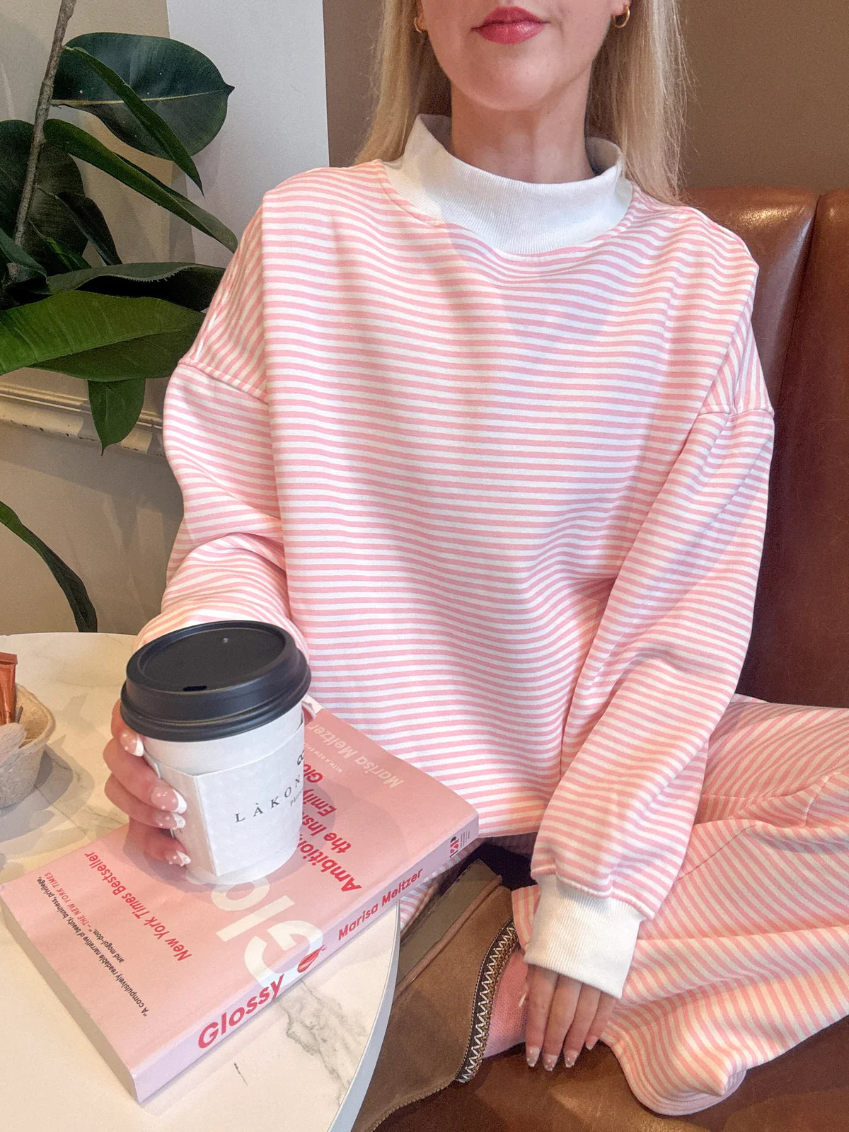 Light Pink & White Striped Mockneck Sweatshirt