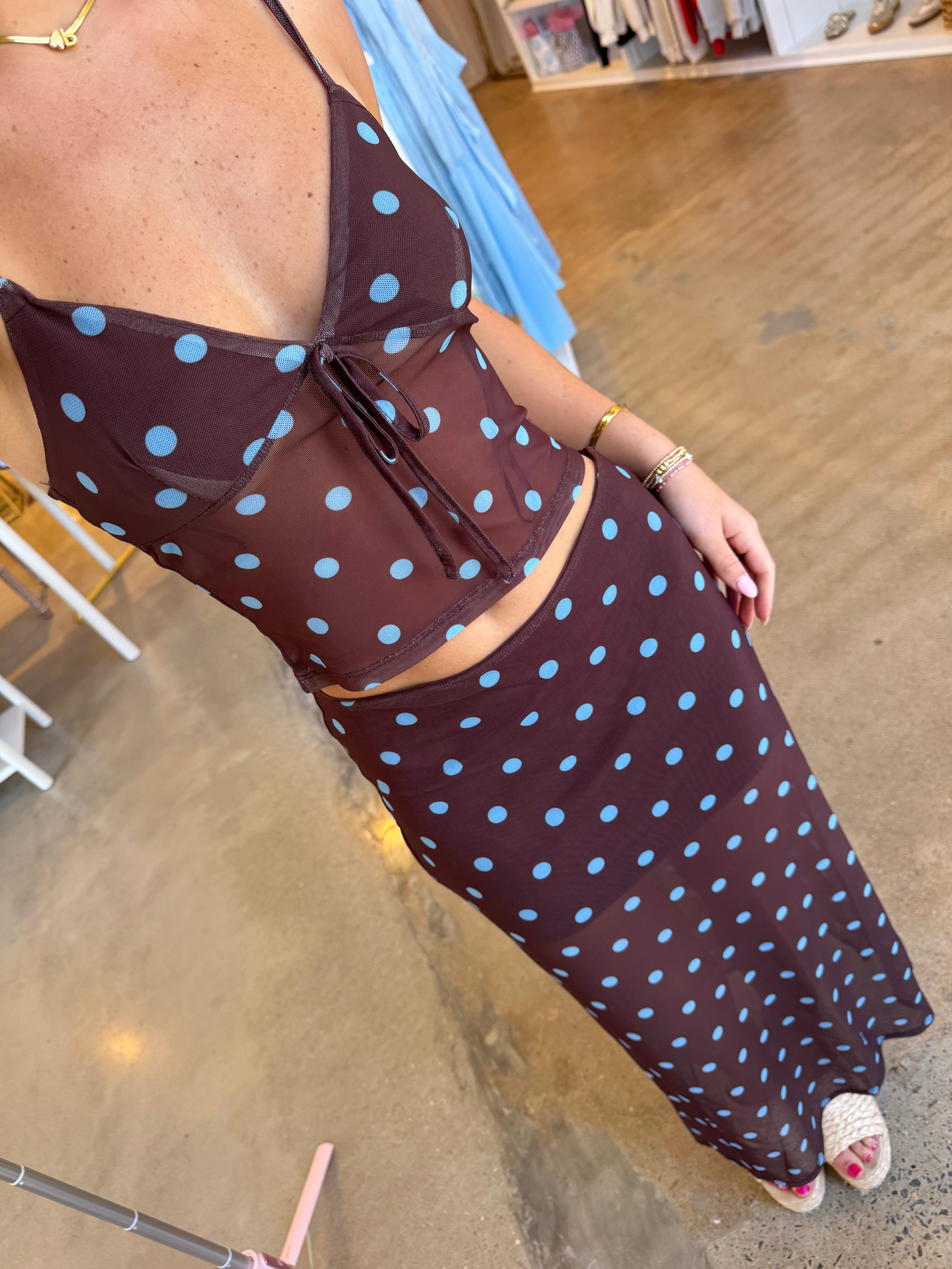 About Last Night Top & Midi Skirt Set - Brown & Blue Polka Dot