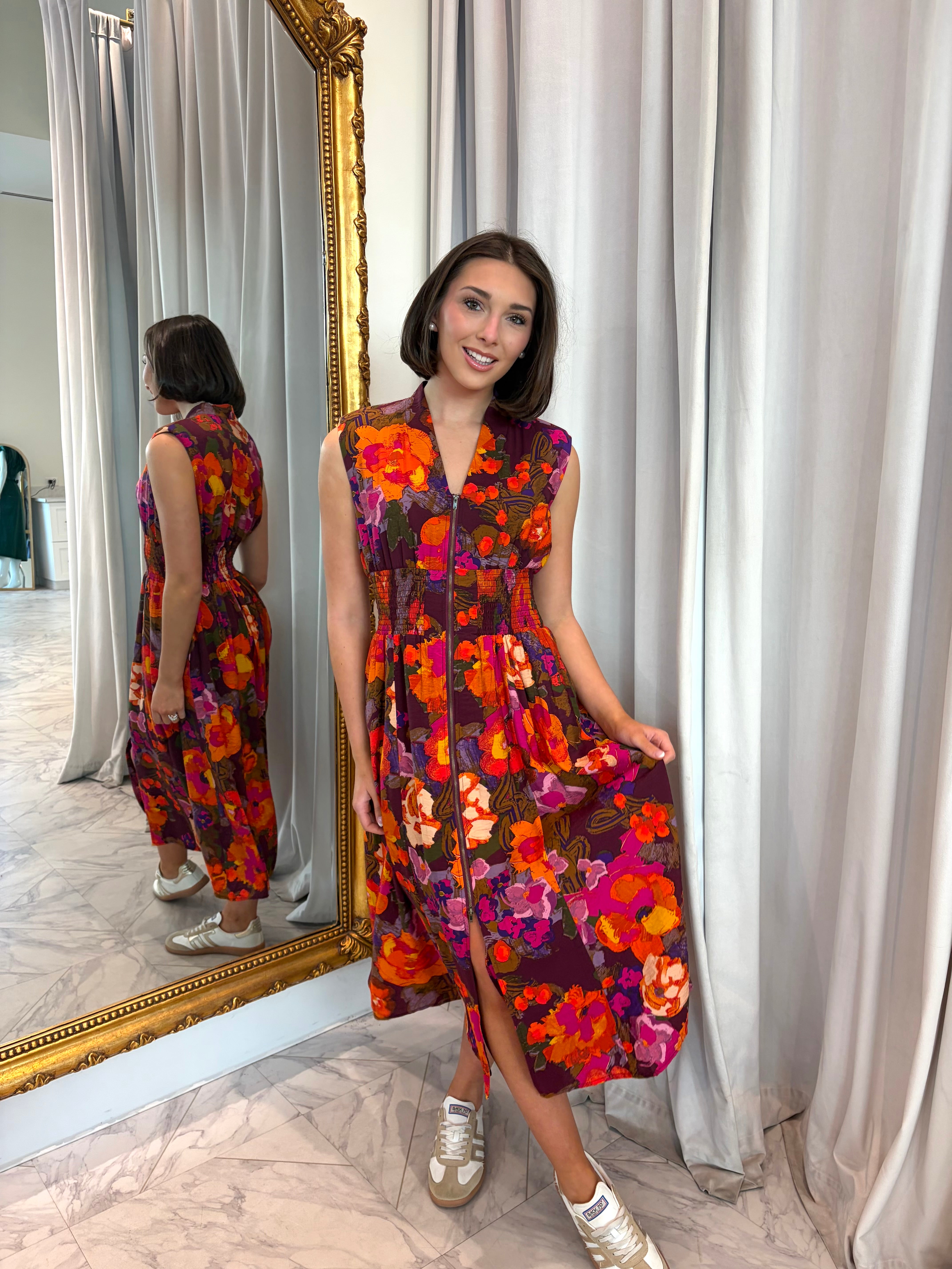 Layton Front Zip Midi Dress - Pink/Orange