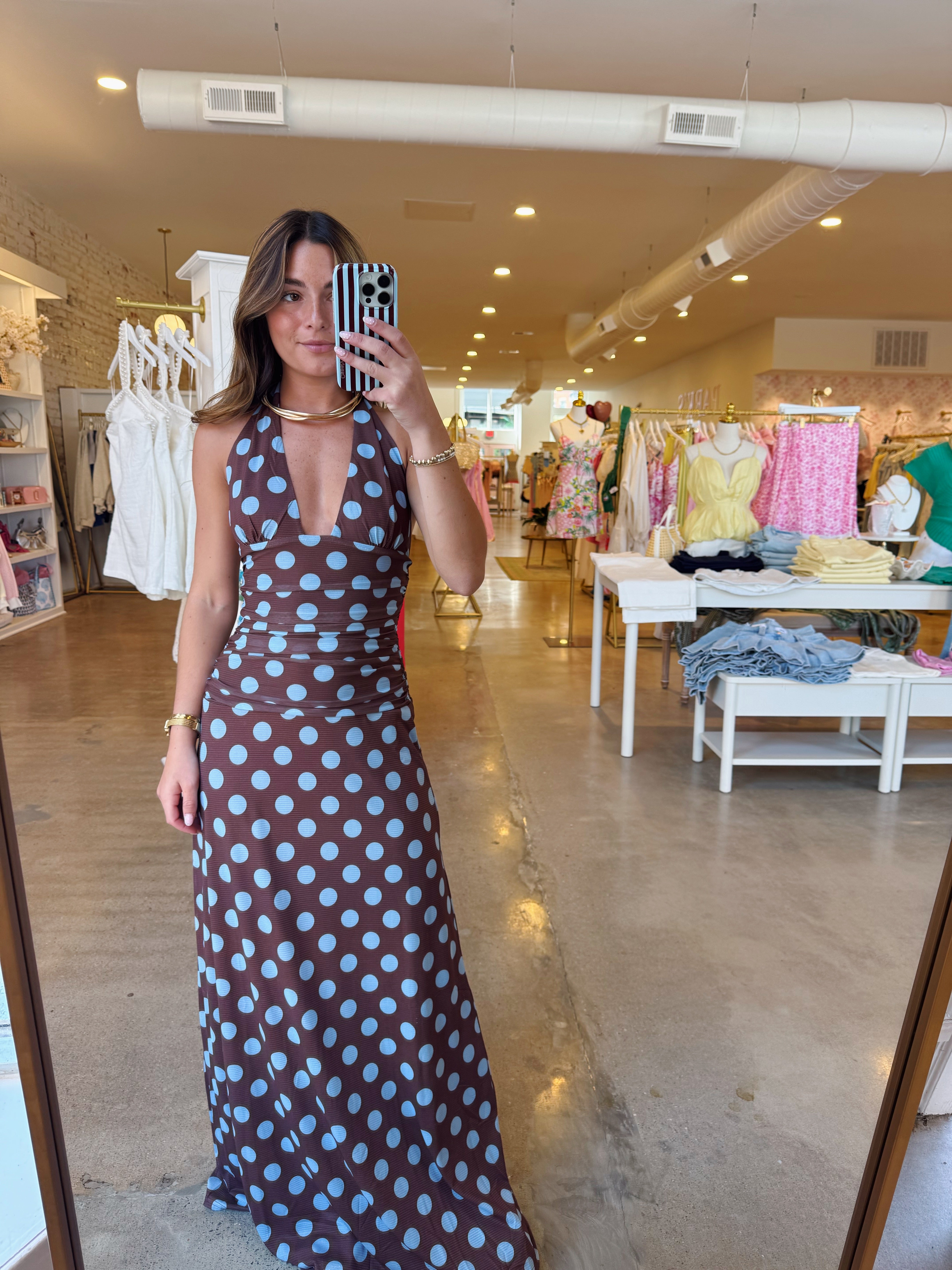 All Summer Long Halter Maxi Dress - Brown Blue Polka Dot