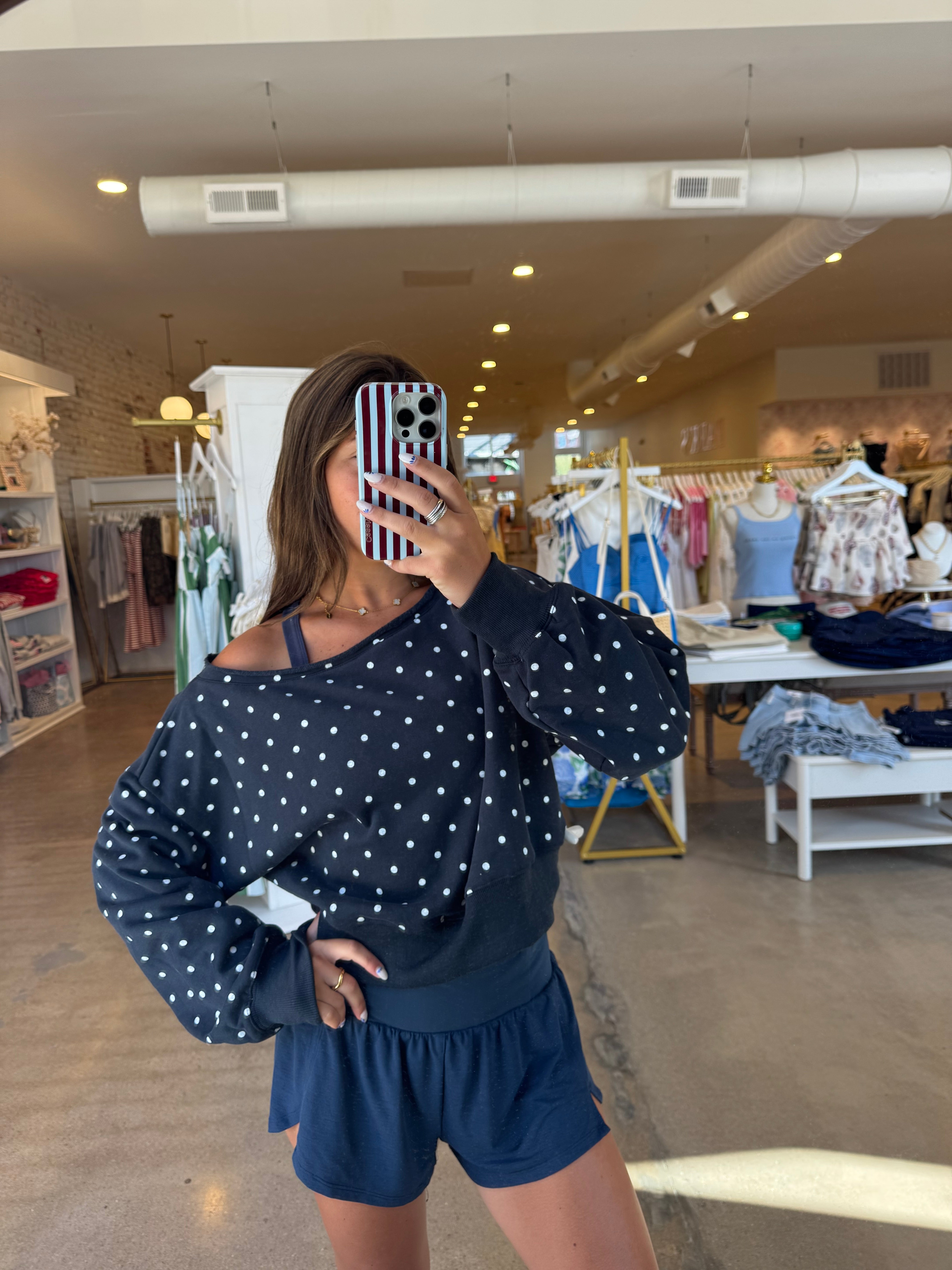 Reese Off Shoulder Sweatshirt - Navy Polka Dot