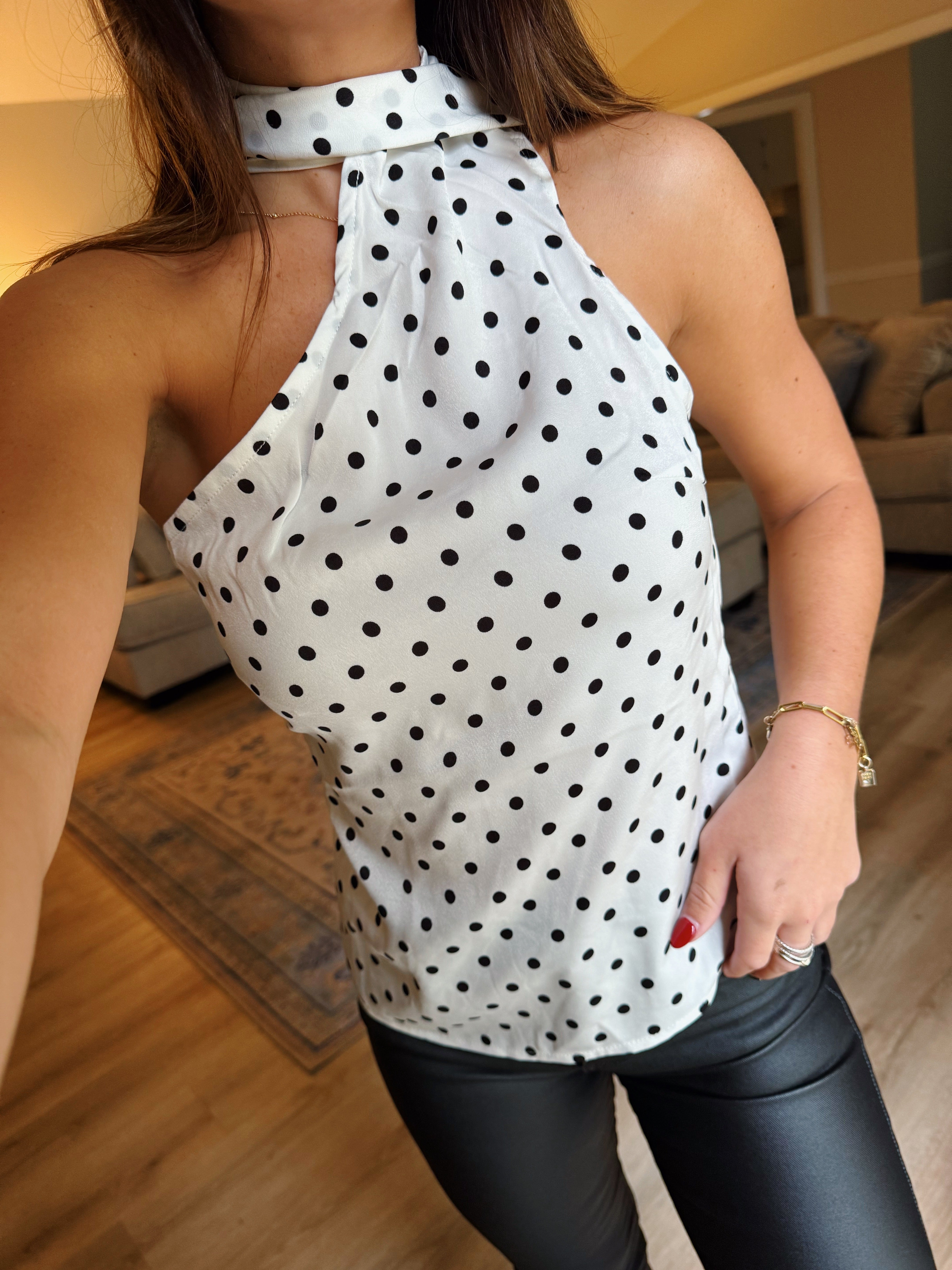 All Is Well Top With Scarf - White Polka Dot