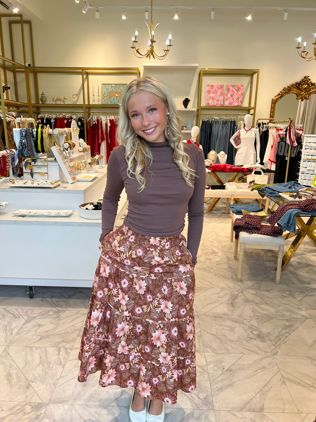 Fall Fables Maxi Skirt - Brown Floral