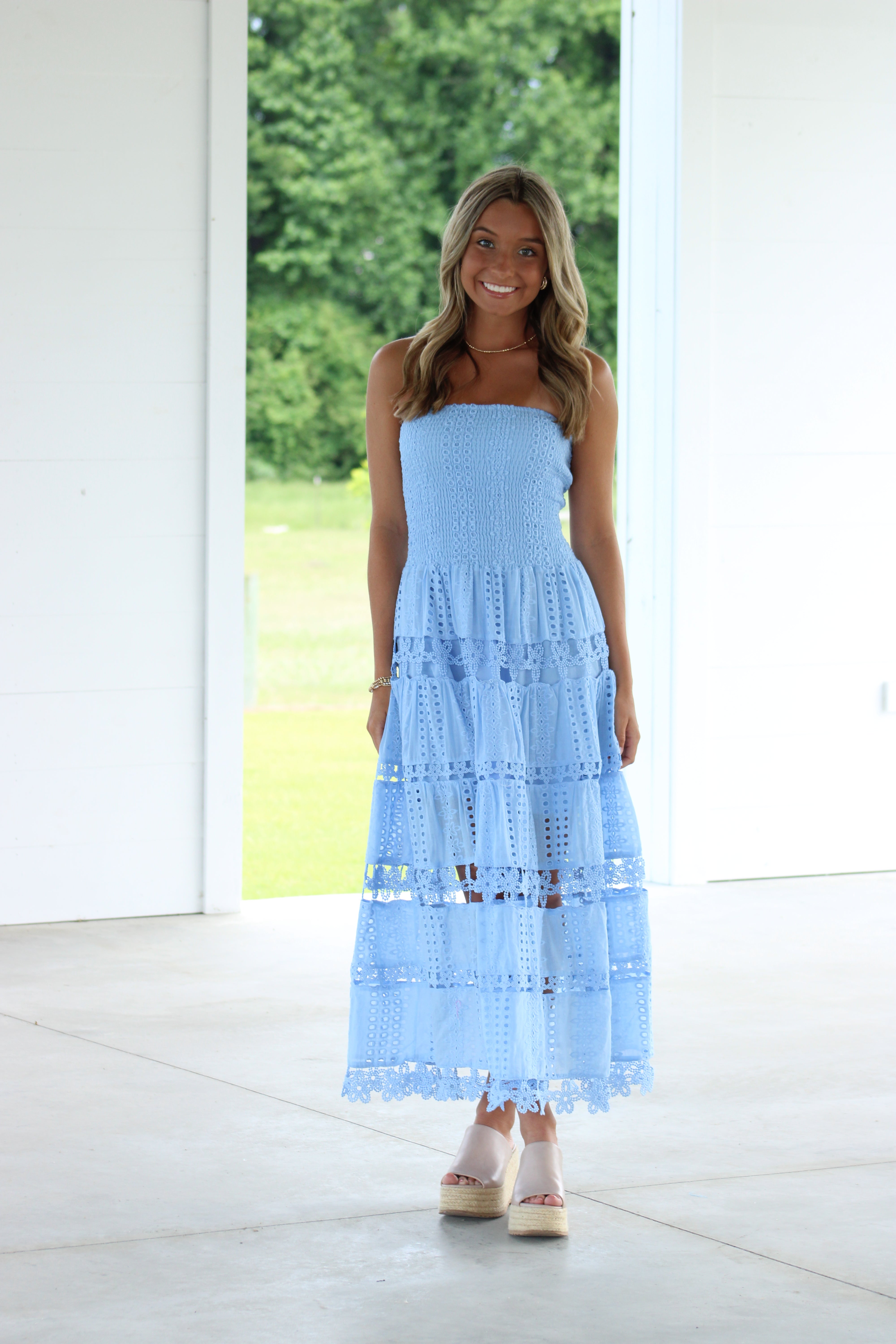 Amy Eyelet Midi Dress - Light Blue
