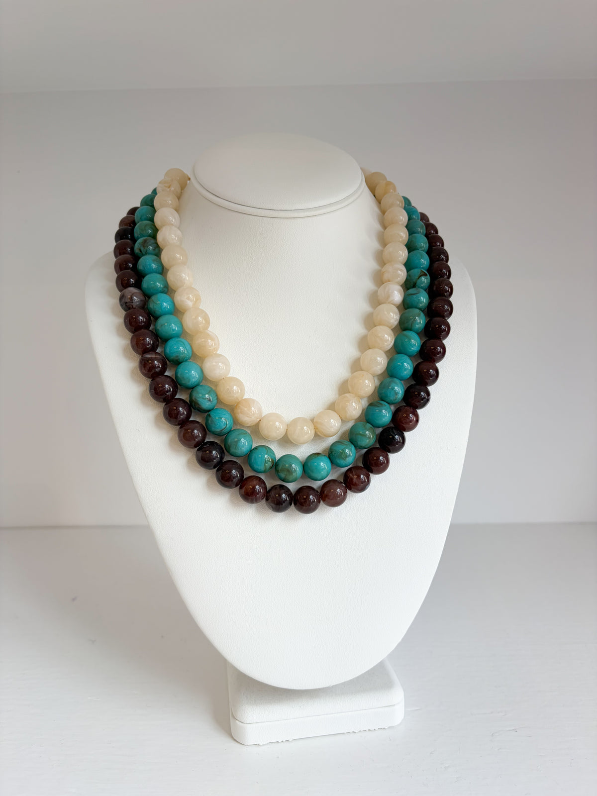 3 Layer Bead Necklace - Brown/Turquoise/Cream