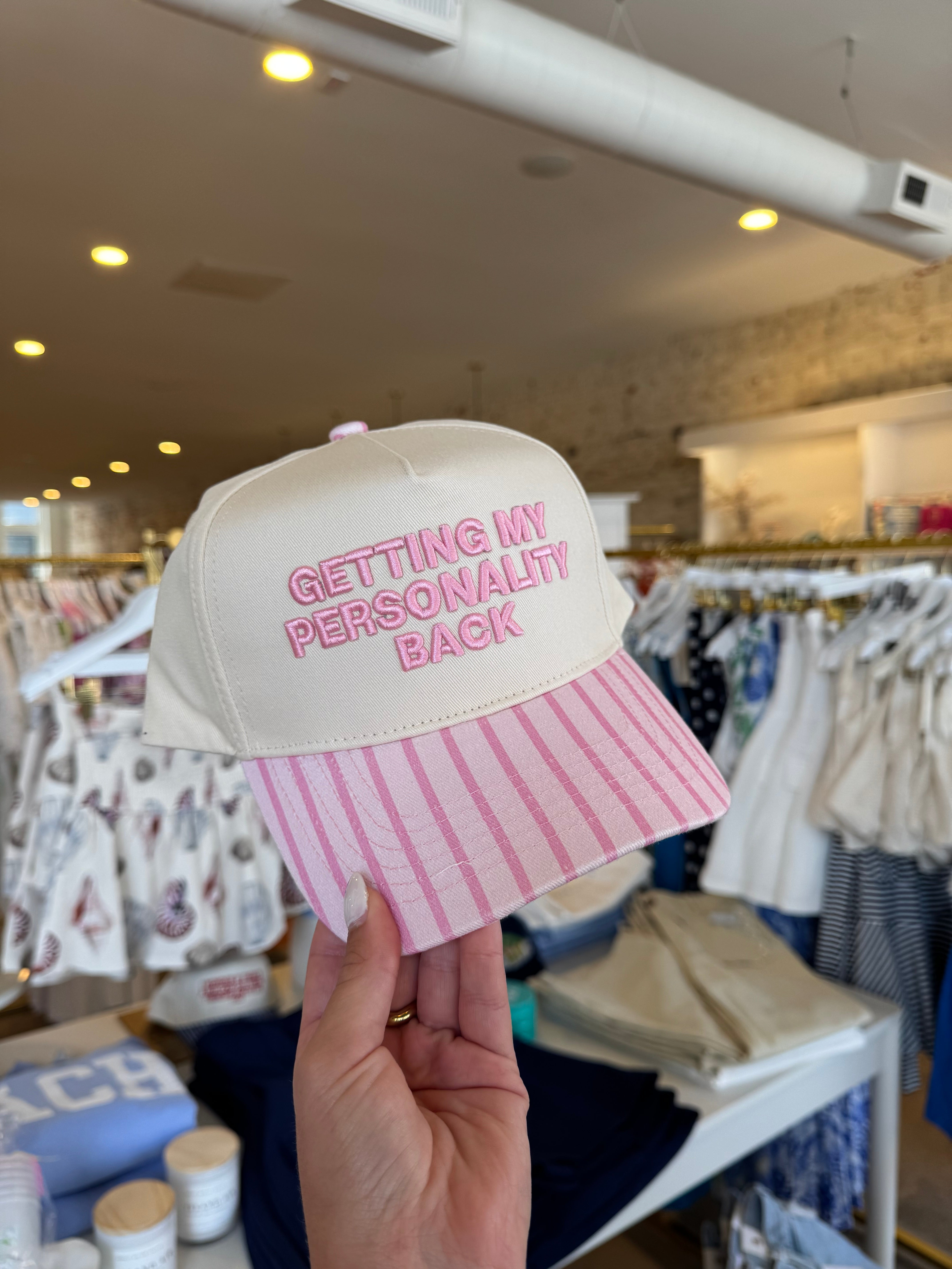 Getting My Personality Back Embroidered Trucker Hat - Pink Stripe
