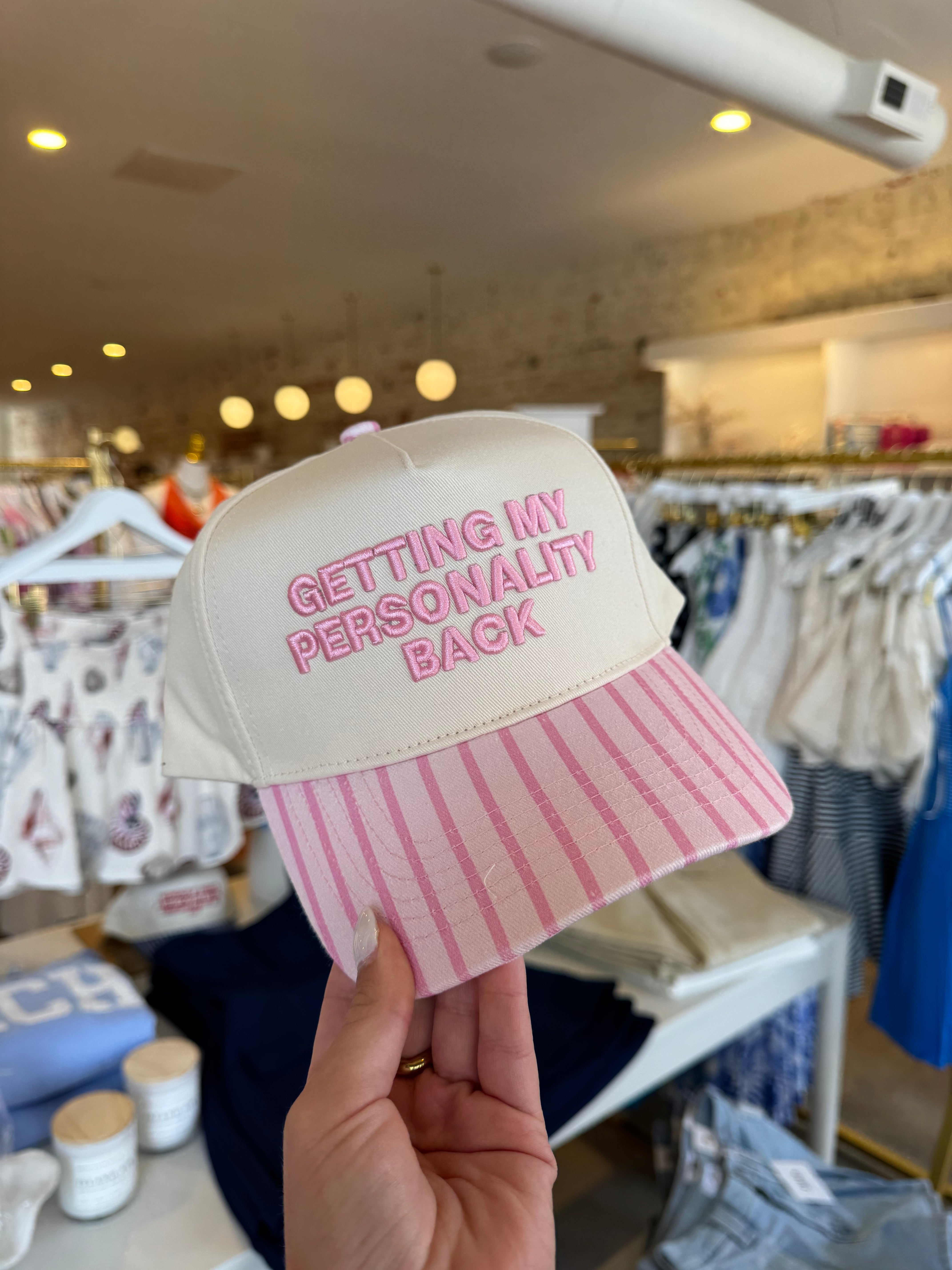 Getting My Personality Back Embroidered Trucker Hat - Pink Stripe