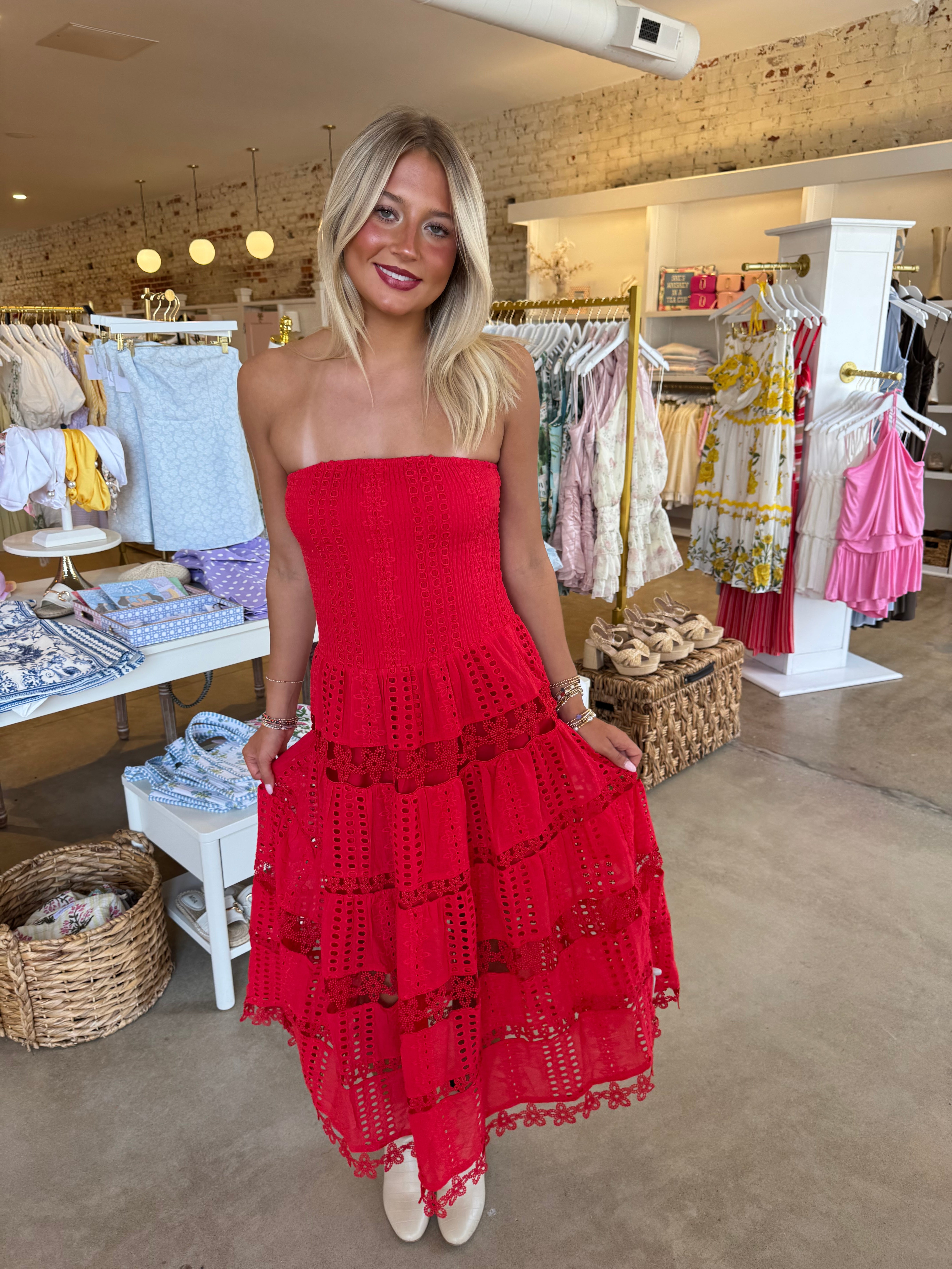 Amy Eyelet Midi Dress - Red