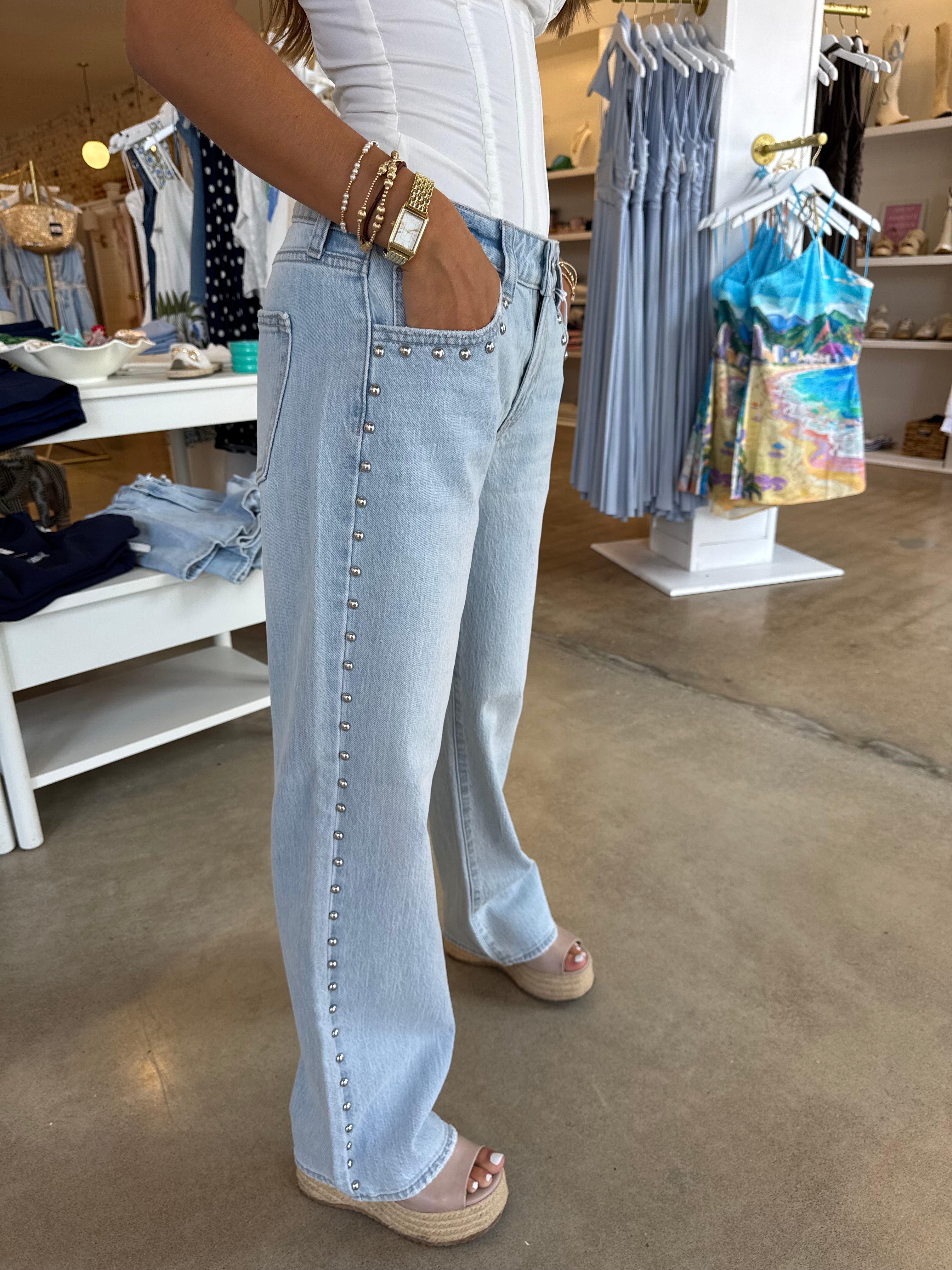 Kenley Low Rise Studded Denim - Light Wash