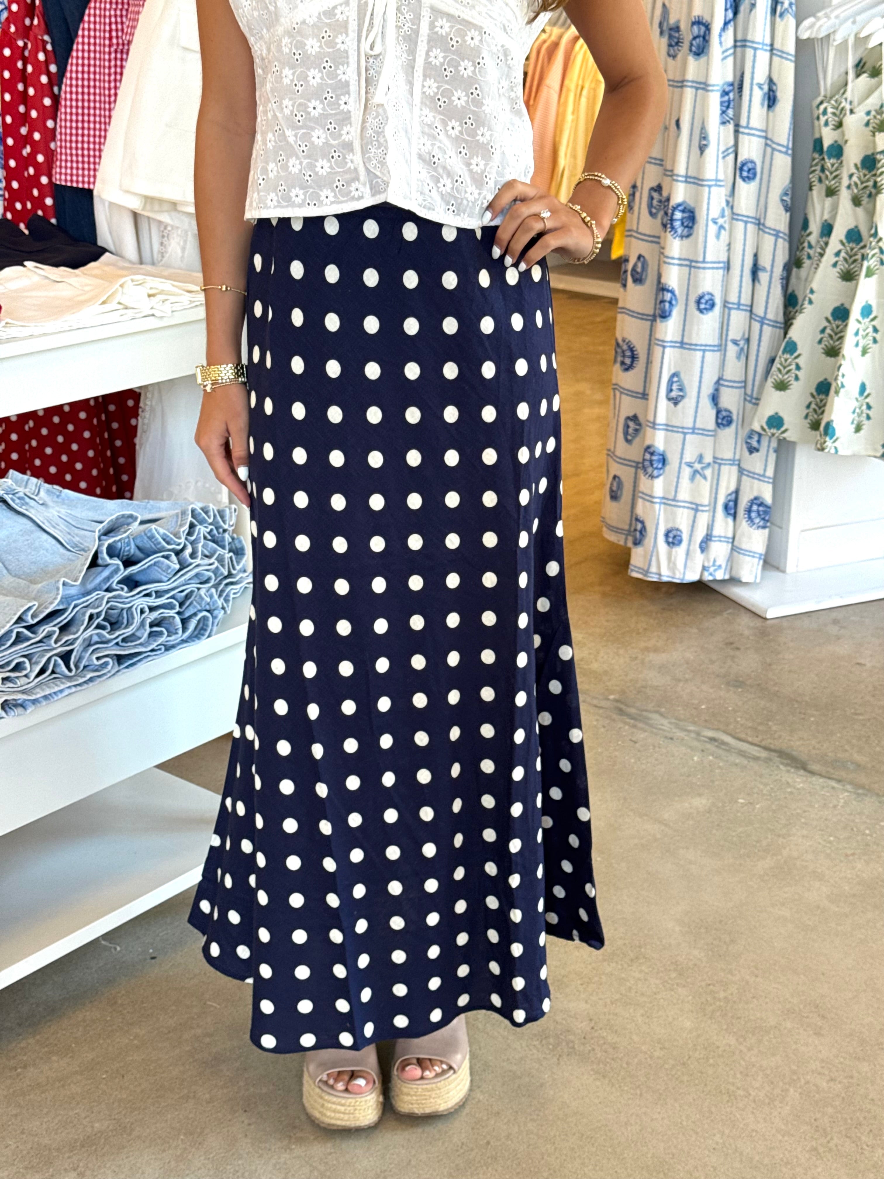 Barbara Maxi Skirt - Navy Polka Dot