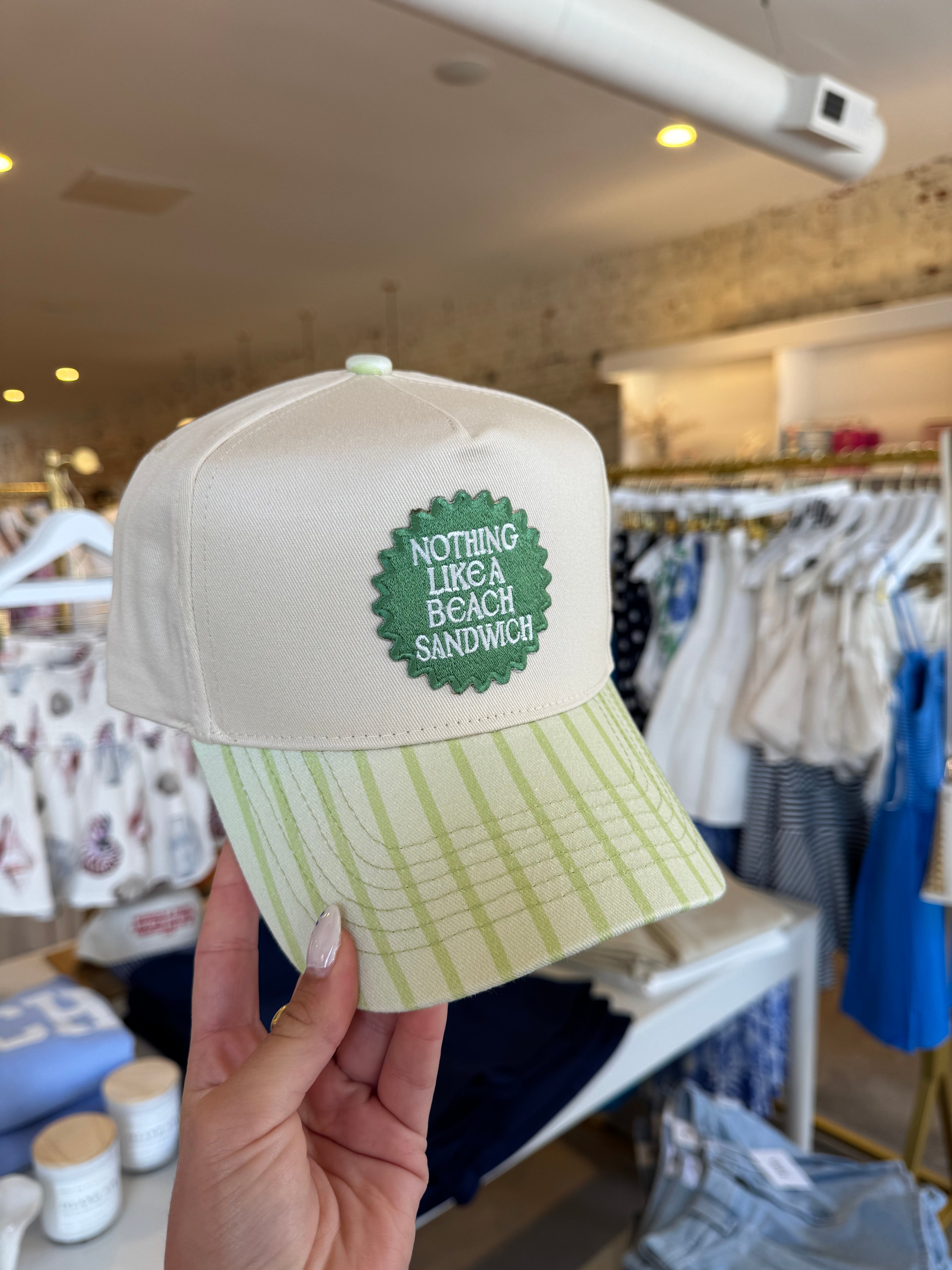 Nothing Like A Beach Sandwich Embroidered Trucker Hat - Green Stripe