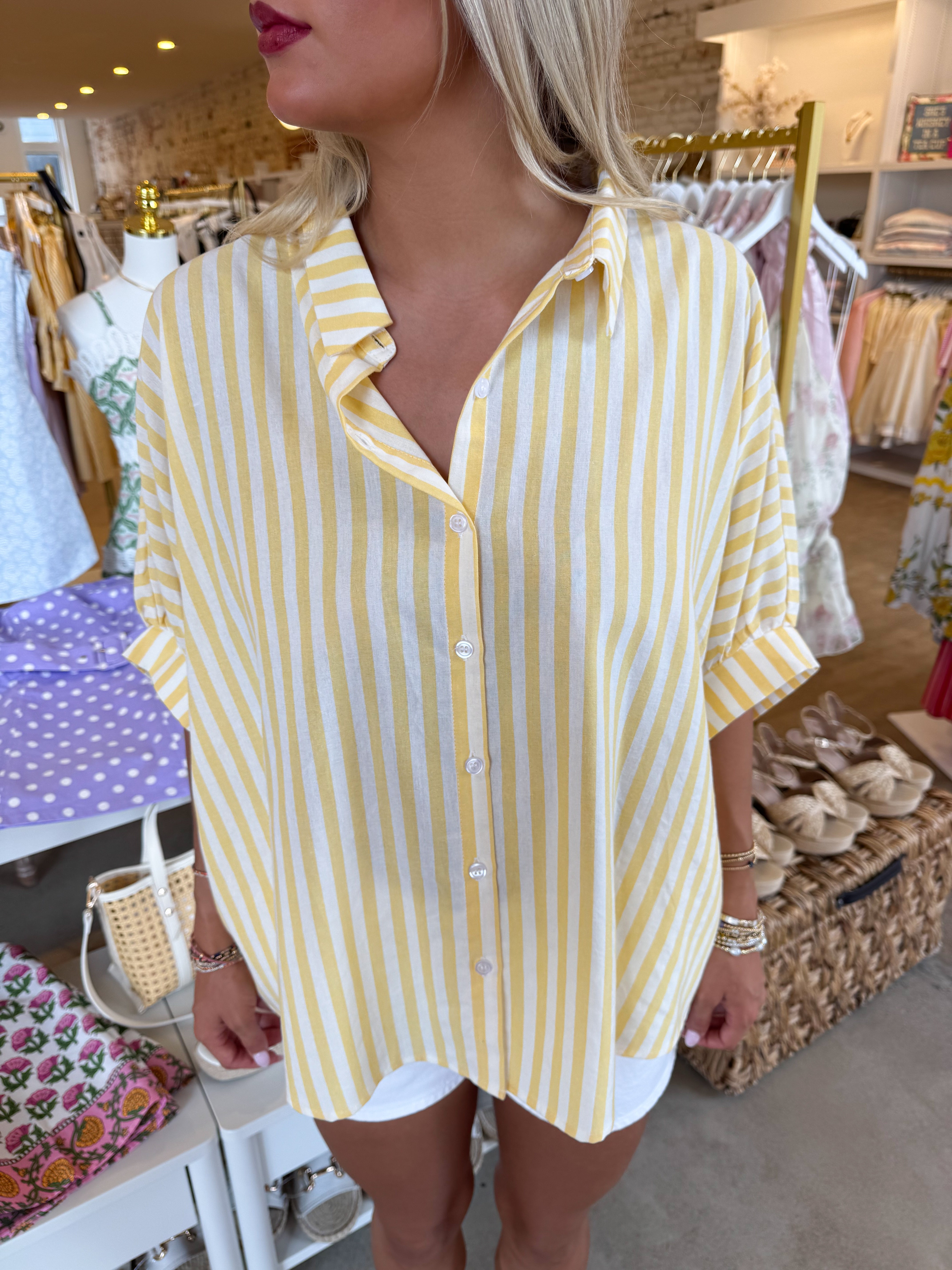 Honey Bee Button Down Top - Yellow Stripe