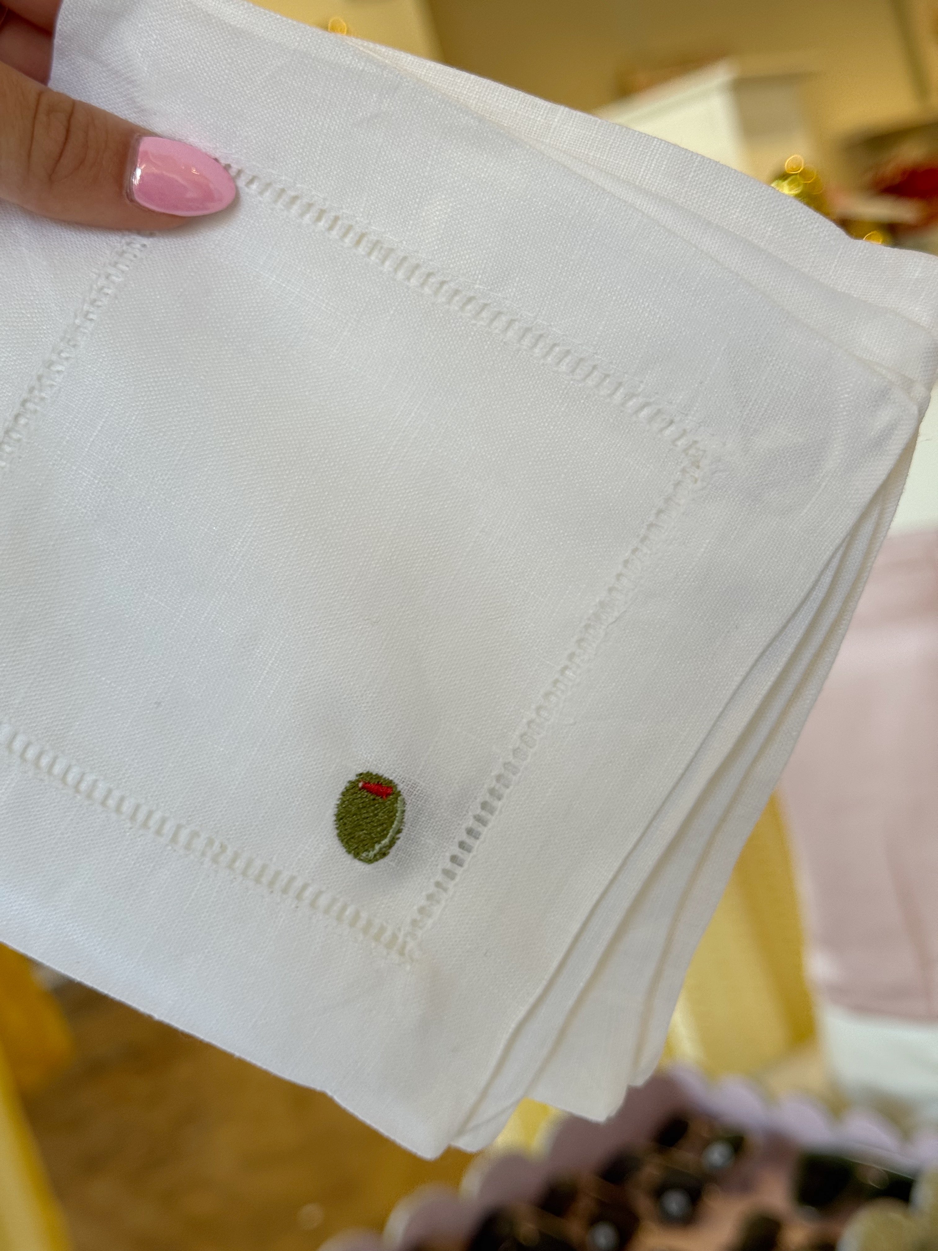 Embroidered Linen Cocktail Napkins OLIVE - 4 pack