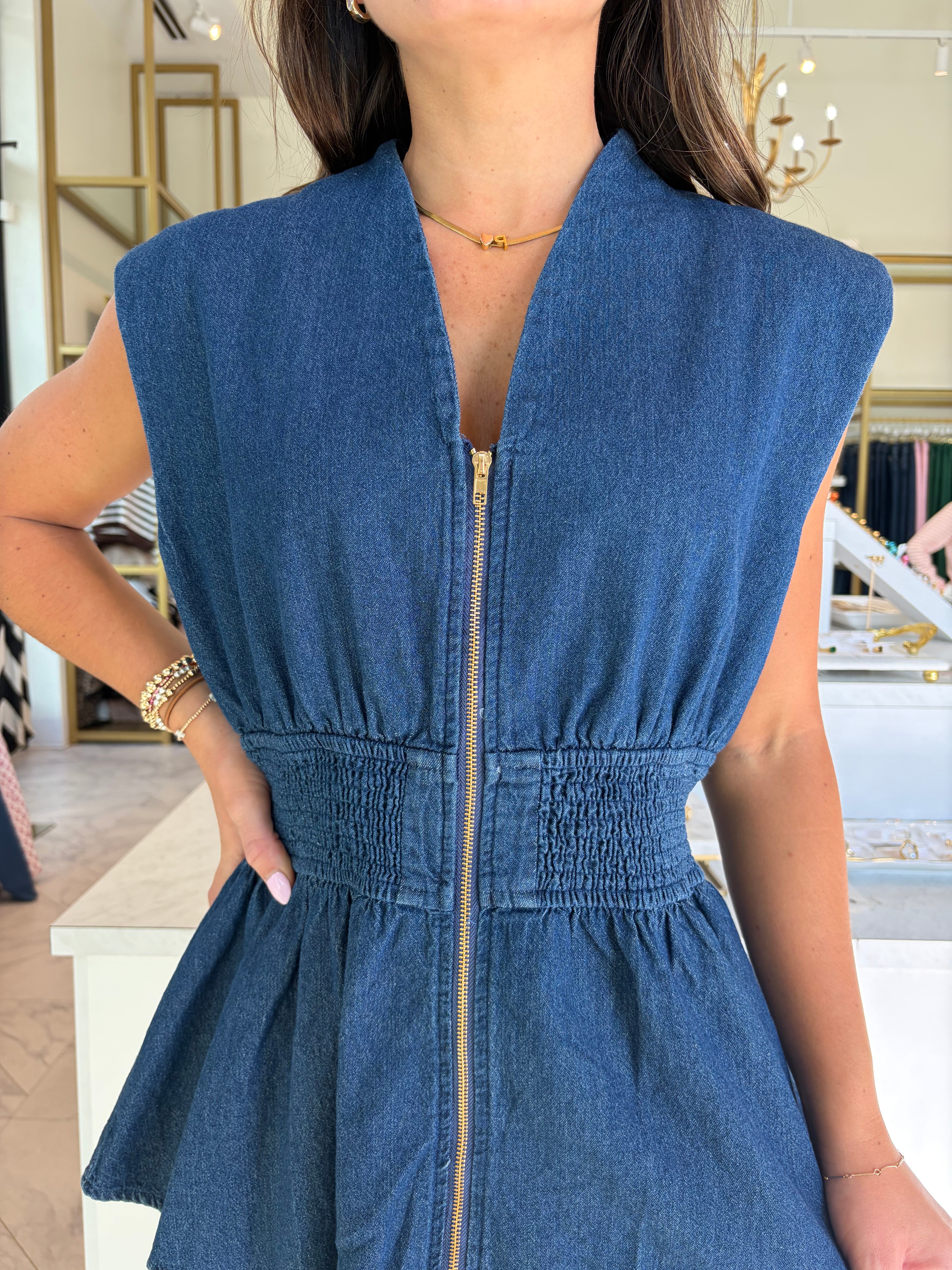 Maddison Zip Up Denim Top - Dark Wash