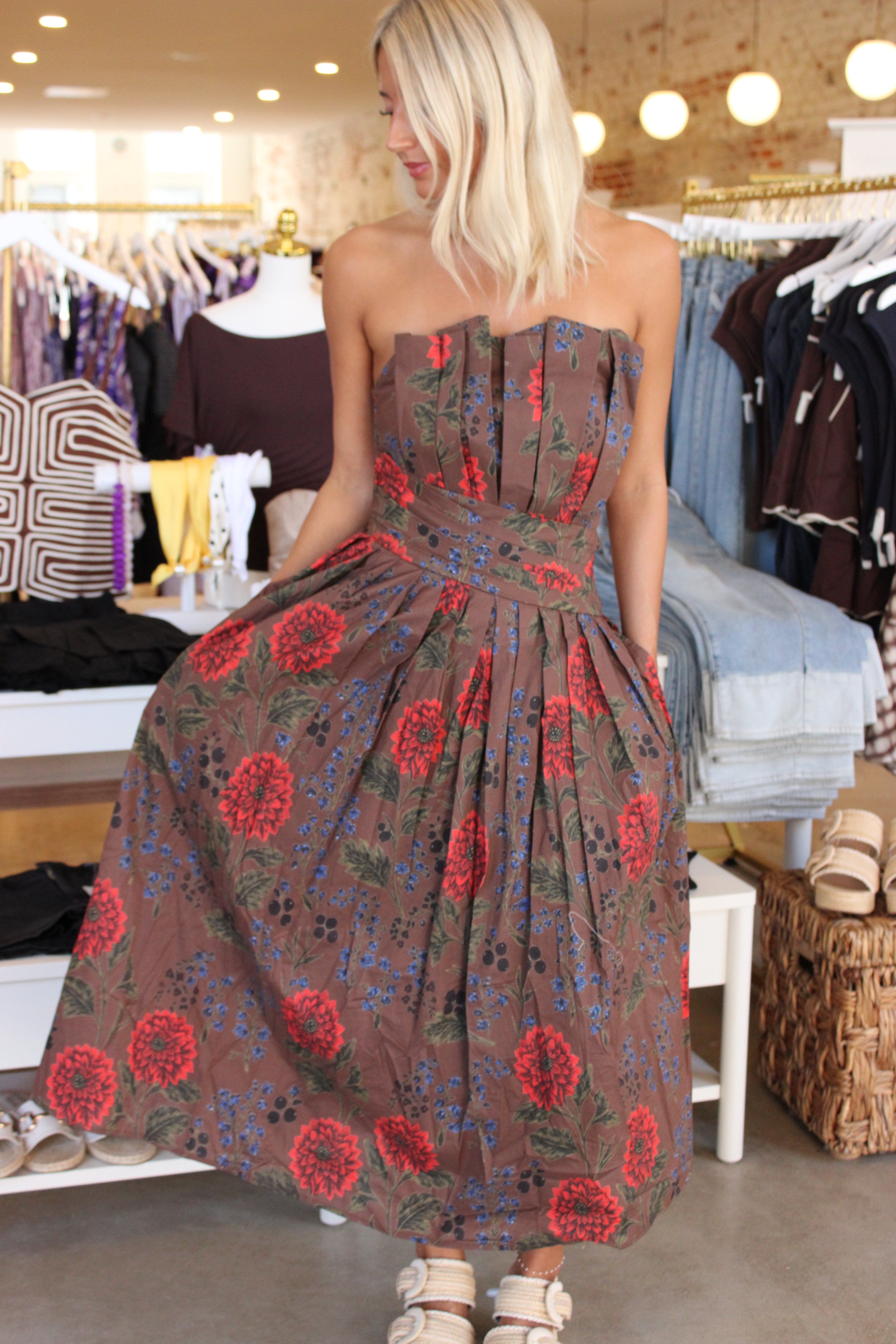 Roxanne Strapless Midi Dress - Brown Floral