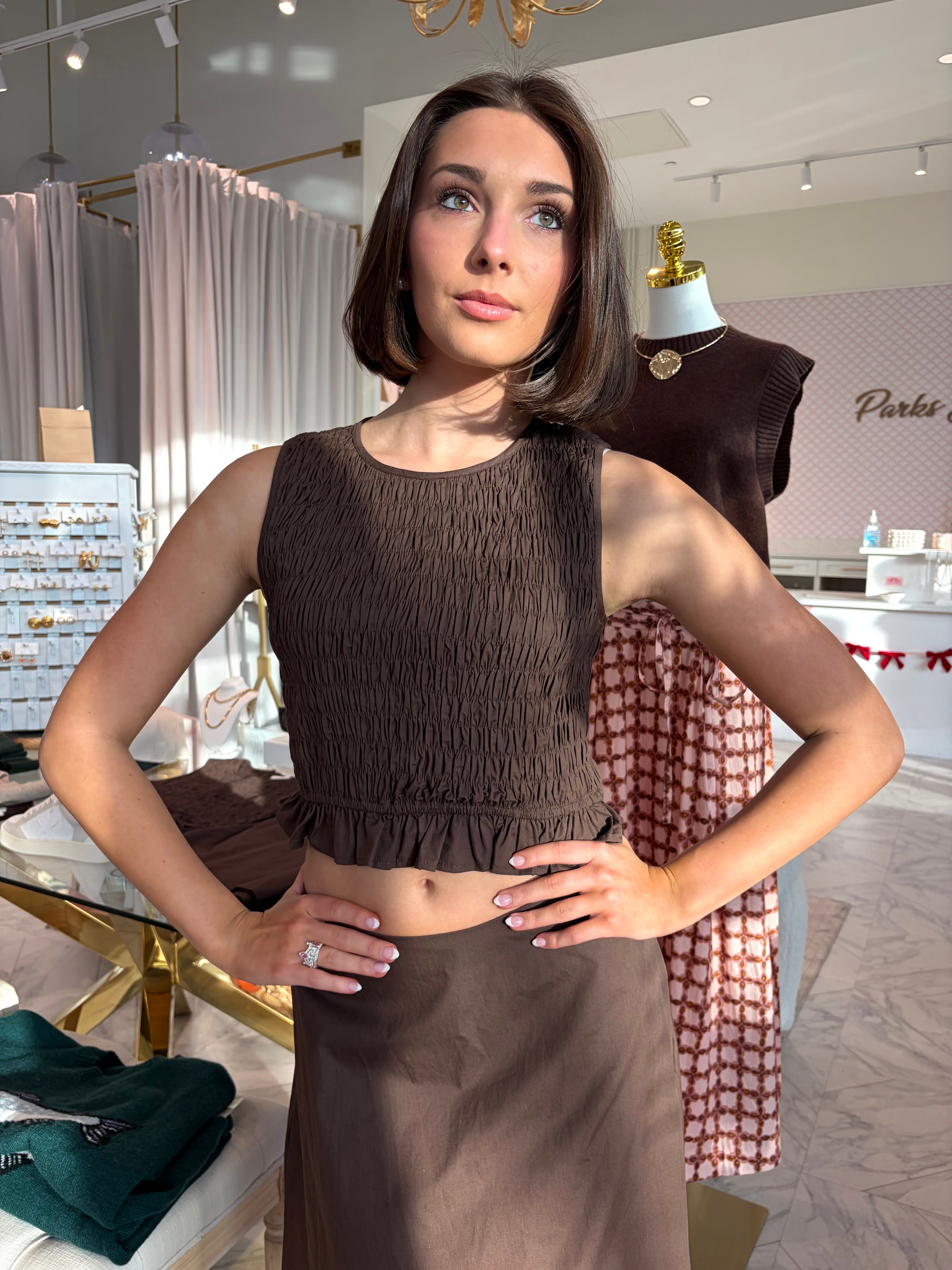 Mia Smocked Top - Brown