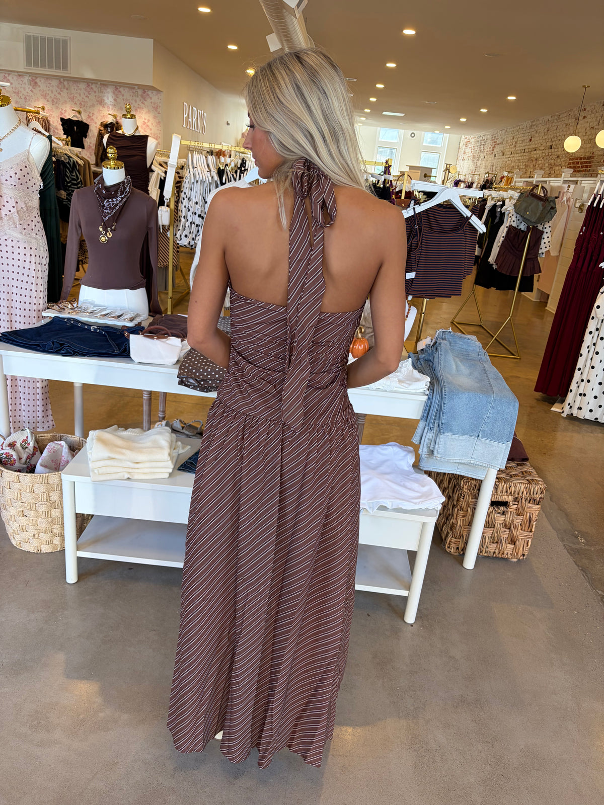 Simone Halter Maxi Dress - Brown Stripe