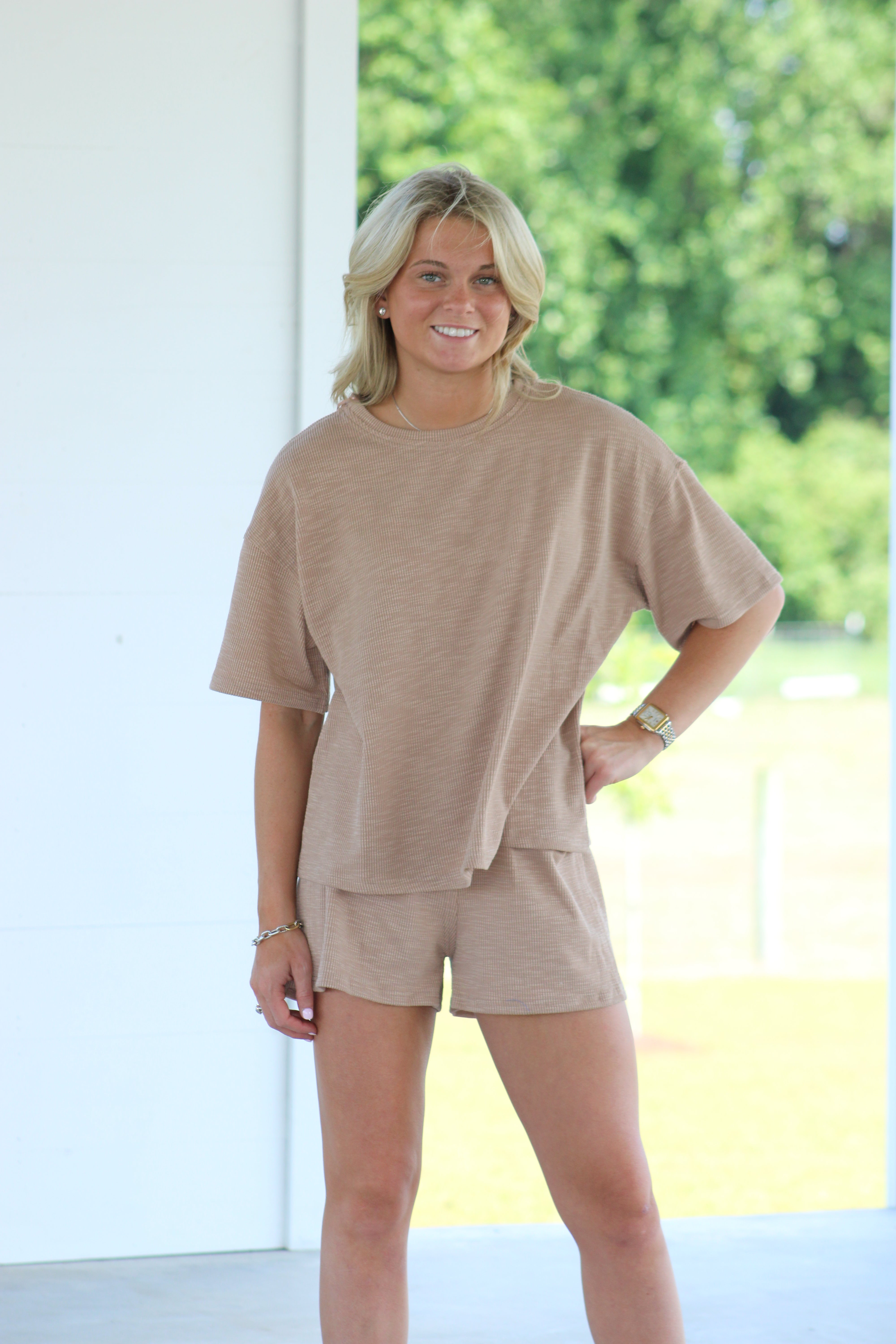 Amaya Knit Top & Shorts Set - Taupe