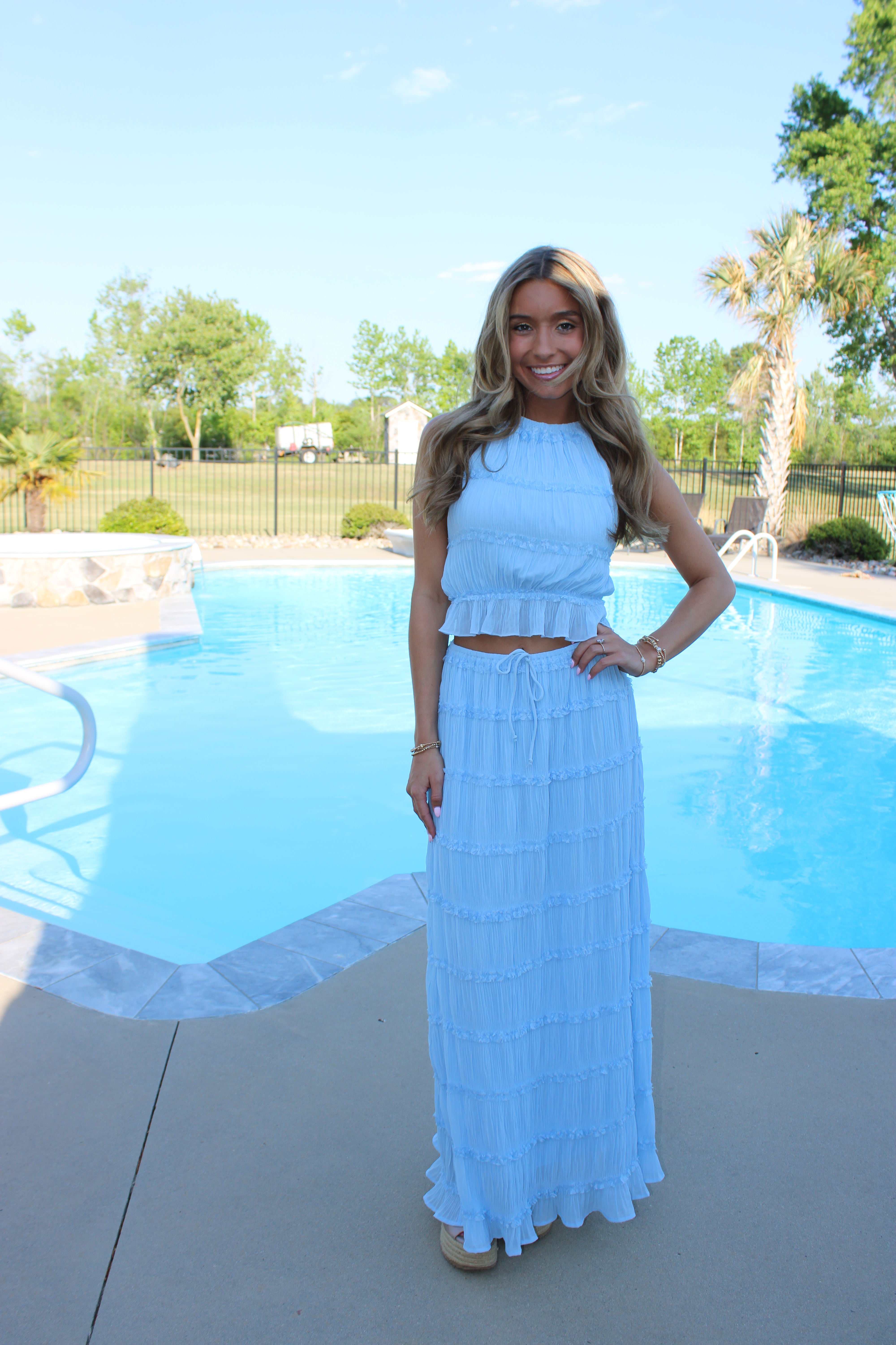 Aquamarine Tiered Tie Top & Maxi Skirt Set - Light Blue