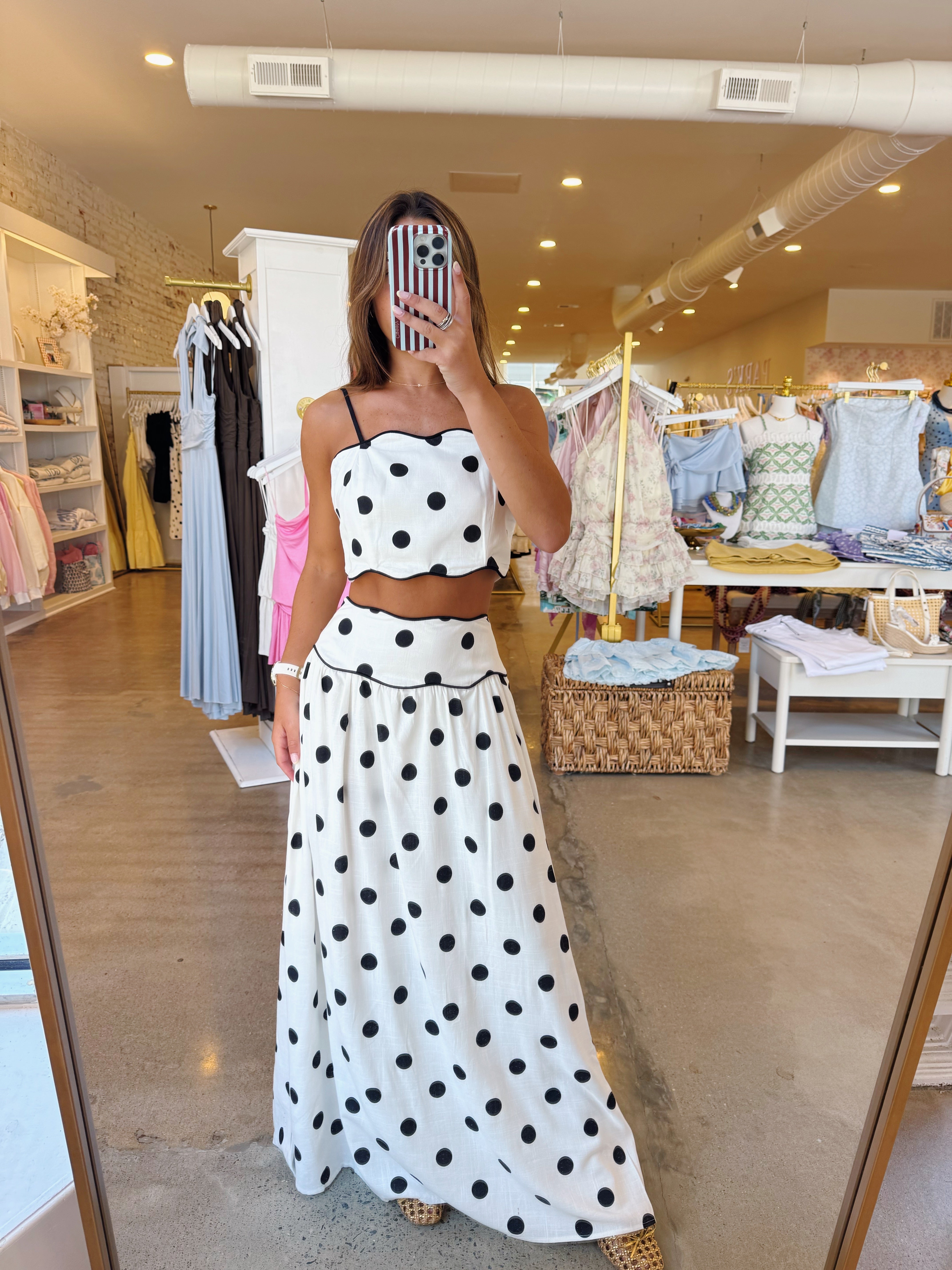 I’m Your Girl Top & Maxi Skirt Linen Set - Cream & Black Polka Dot
