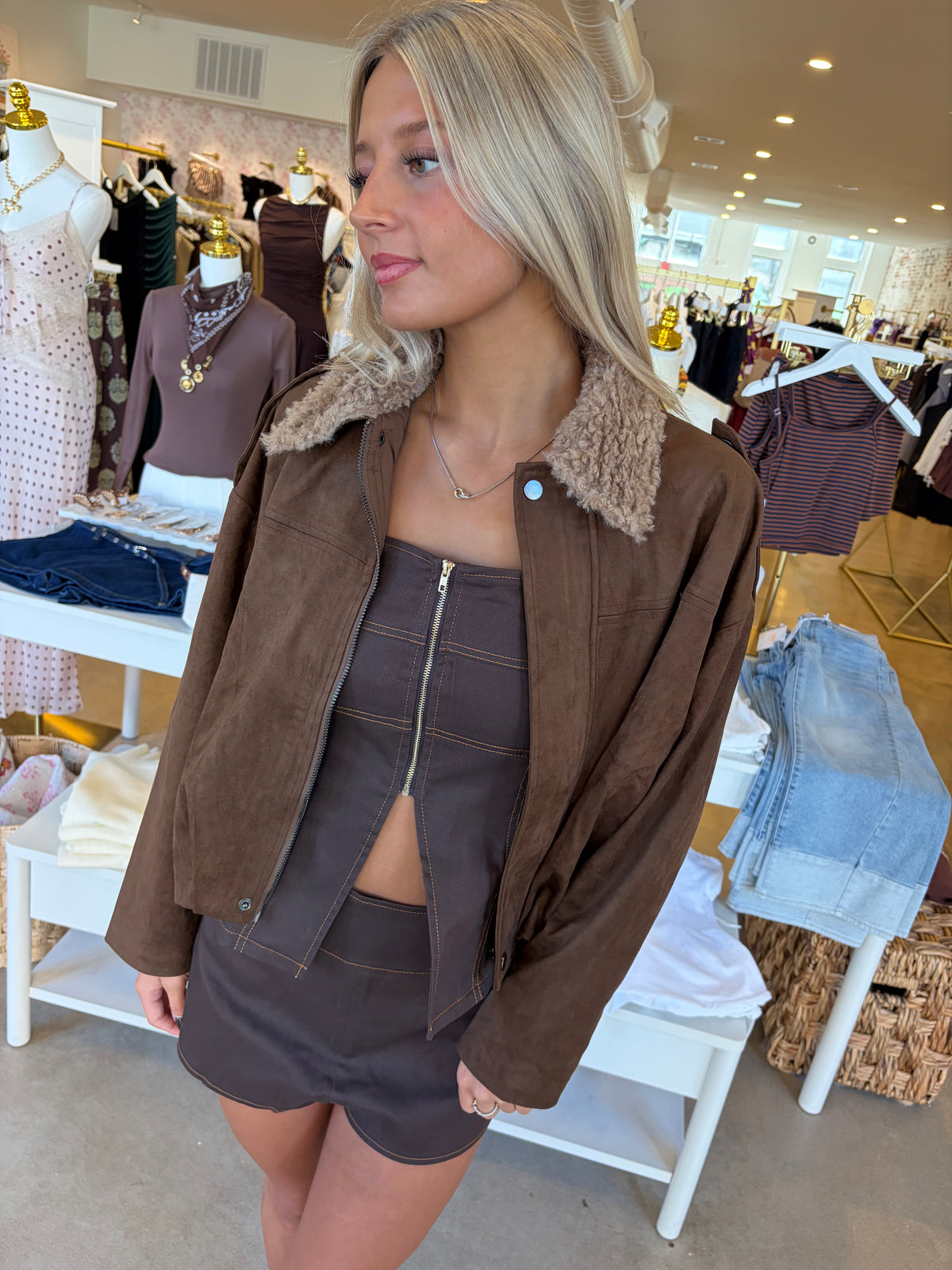 Nessa Sherpa & Suede Jacket - Brown
