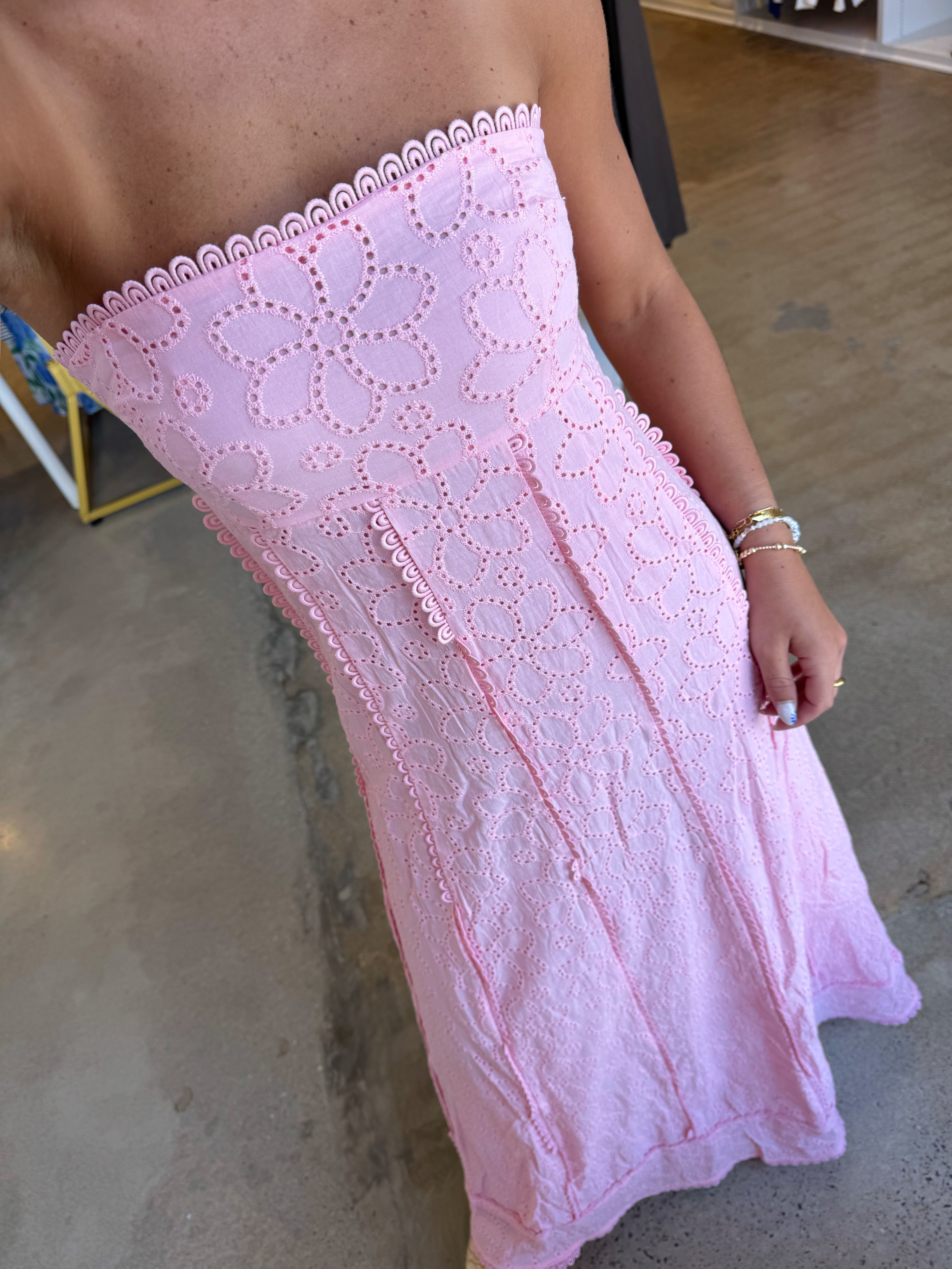 Melanie Eyelet Scalloped Trim Maxi Dress - Pink